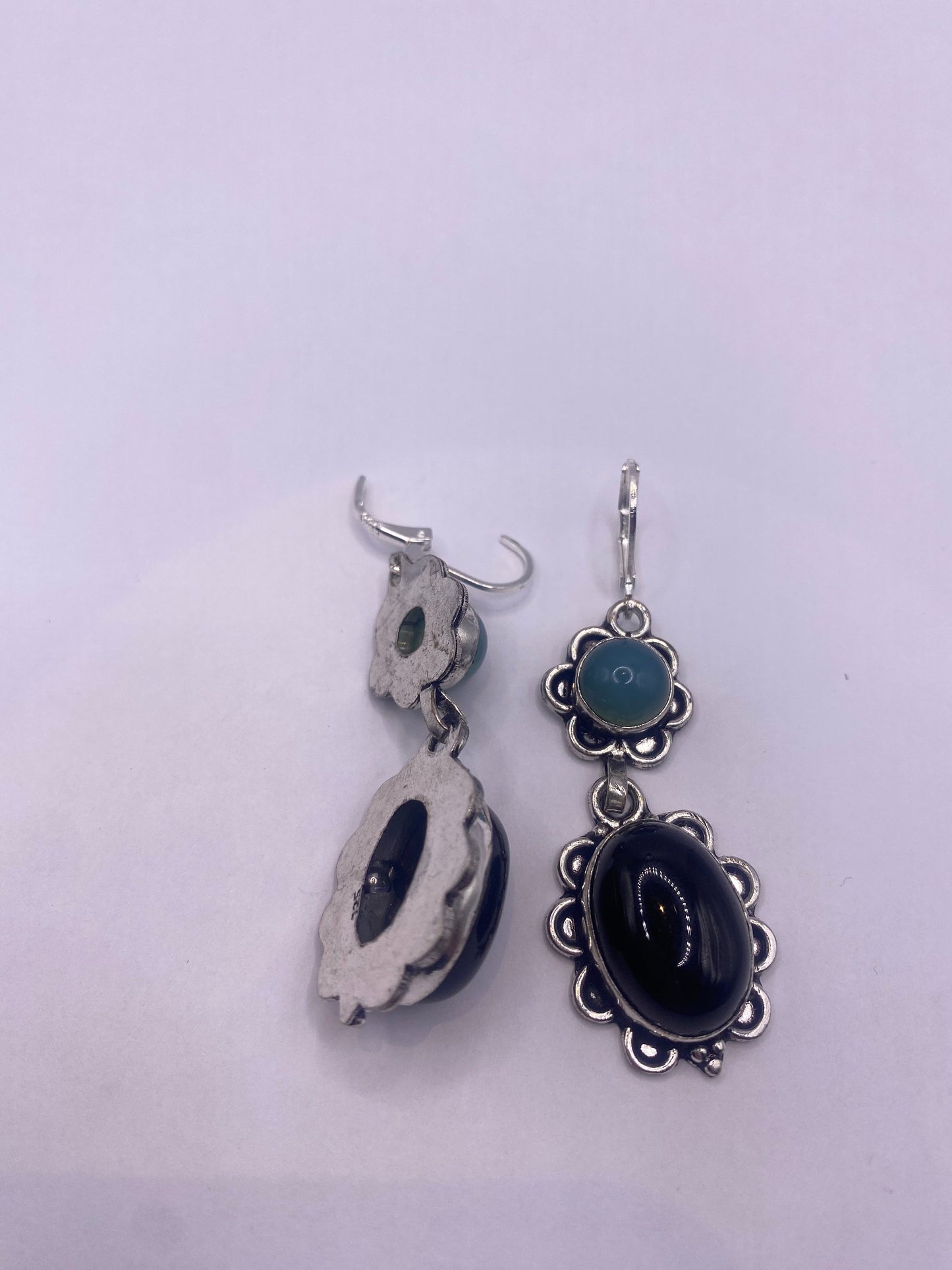 Vintage Black Onyx Sterling Silver Deco Dangle Liver back Earrings