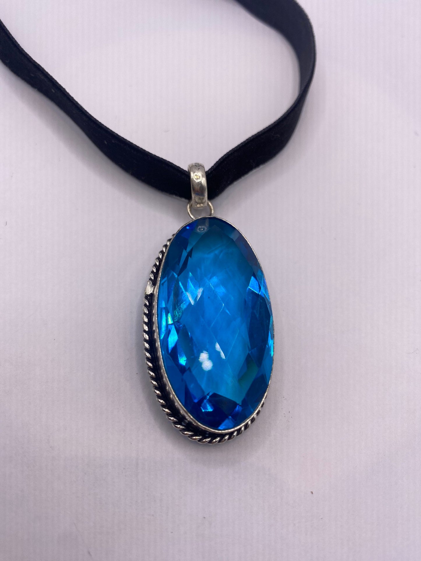 Vintage Blue Aqua Glass Choker Silver Finished Necklace