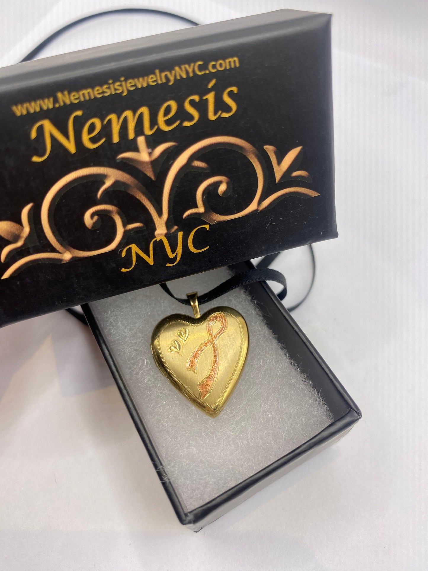 Vintage Heart Locket Necklace | 9k Gold Filled, Pink Ribbon, Photo Charm