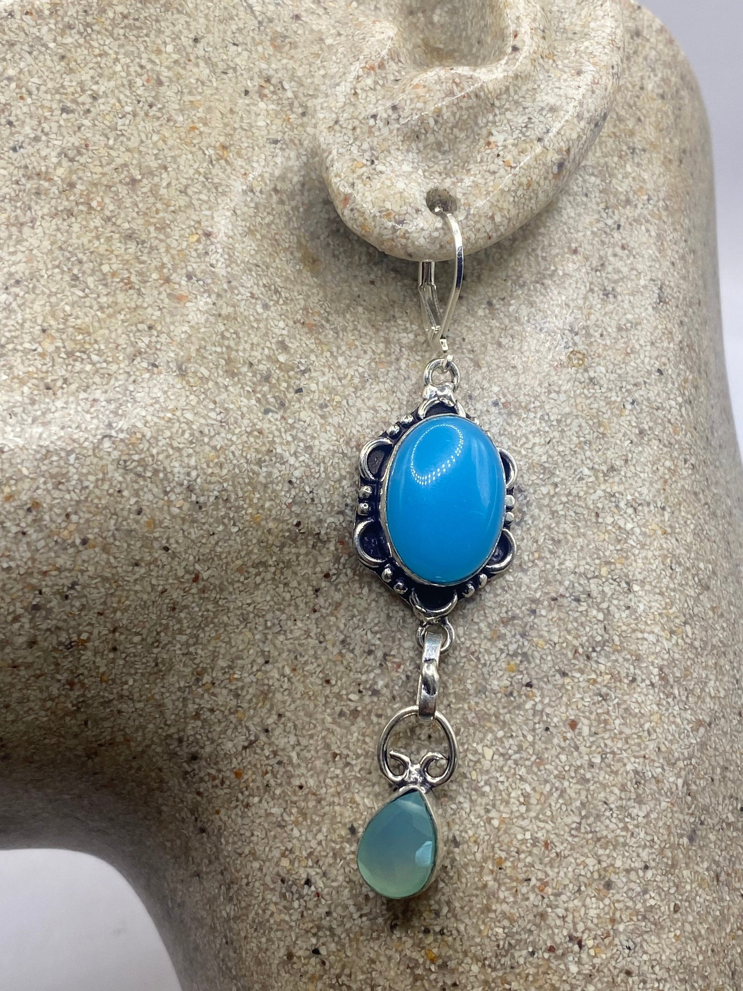 Vintage Blue Chalcedony Chandelier Earrings Silver Dangle