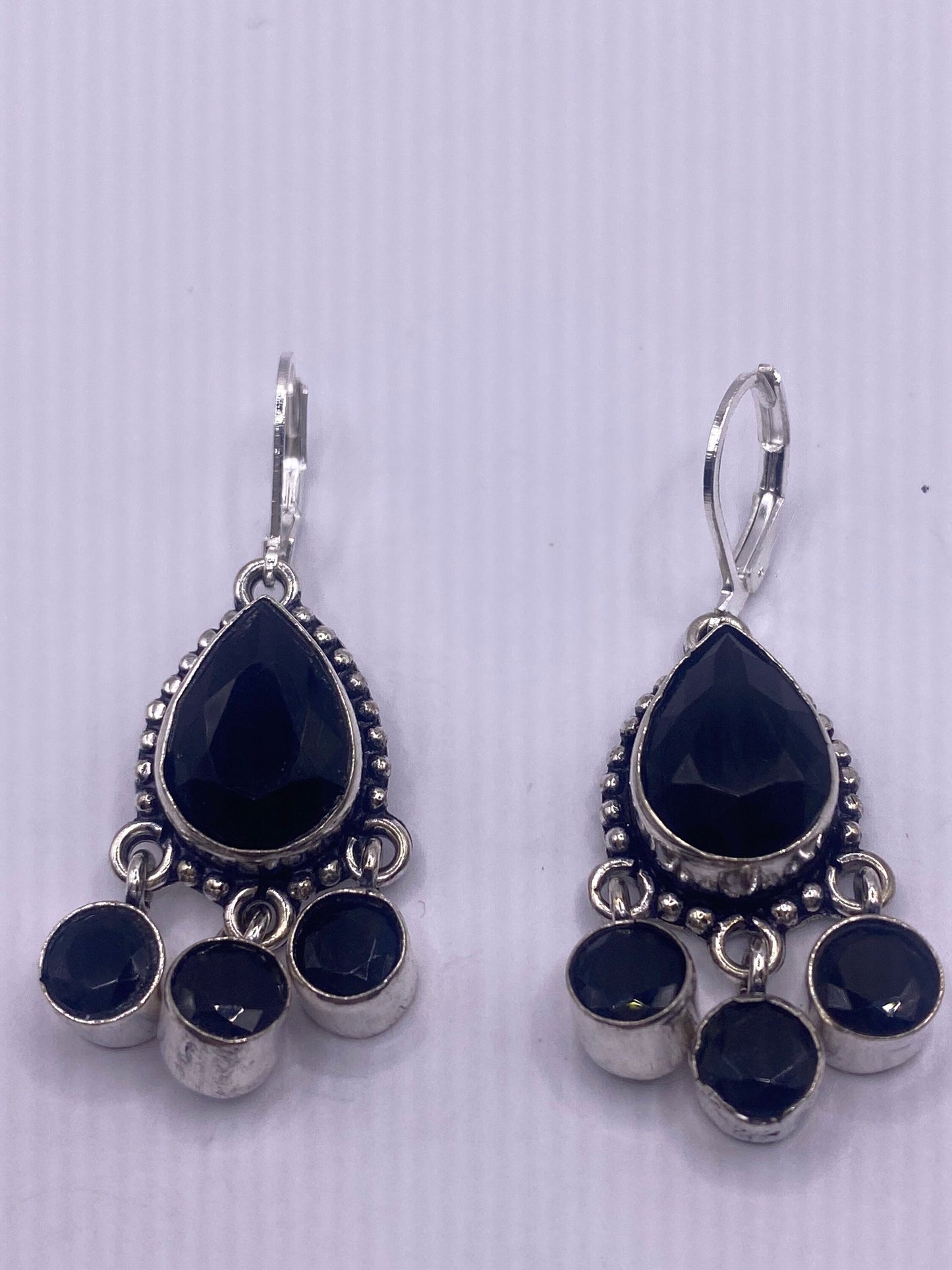 Vintage Black Onyx Earrings 925 Sterling Silver Deco Dangle Chandelier