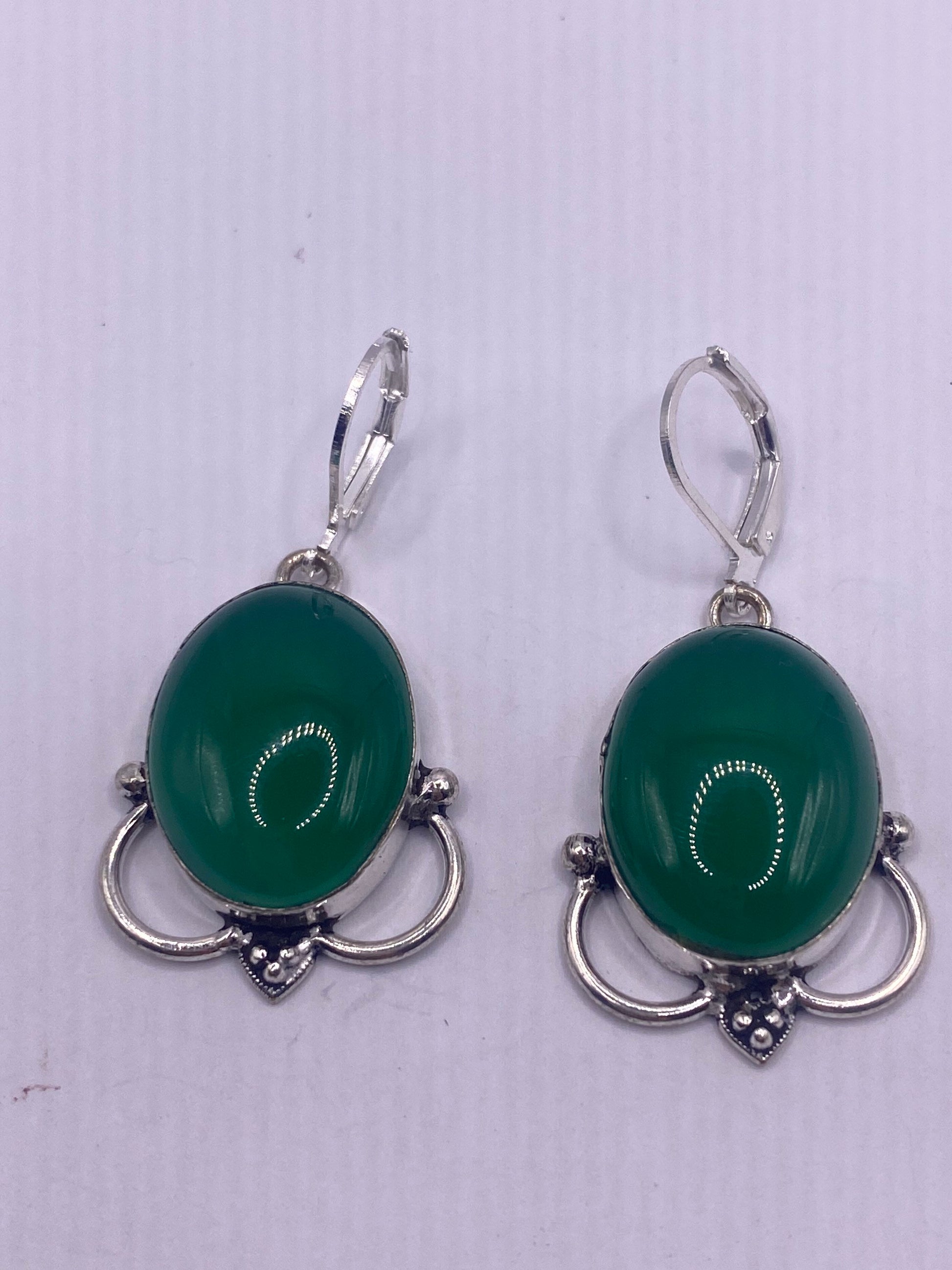 Antique vintage Green Crysopraise Silver dangle earrings