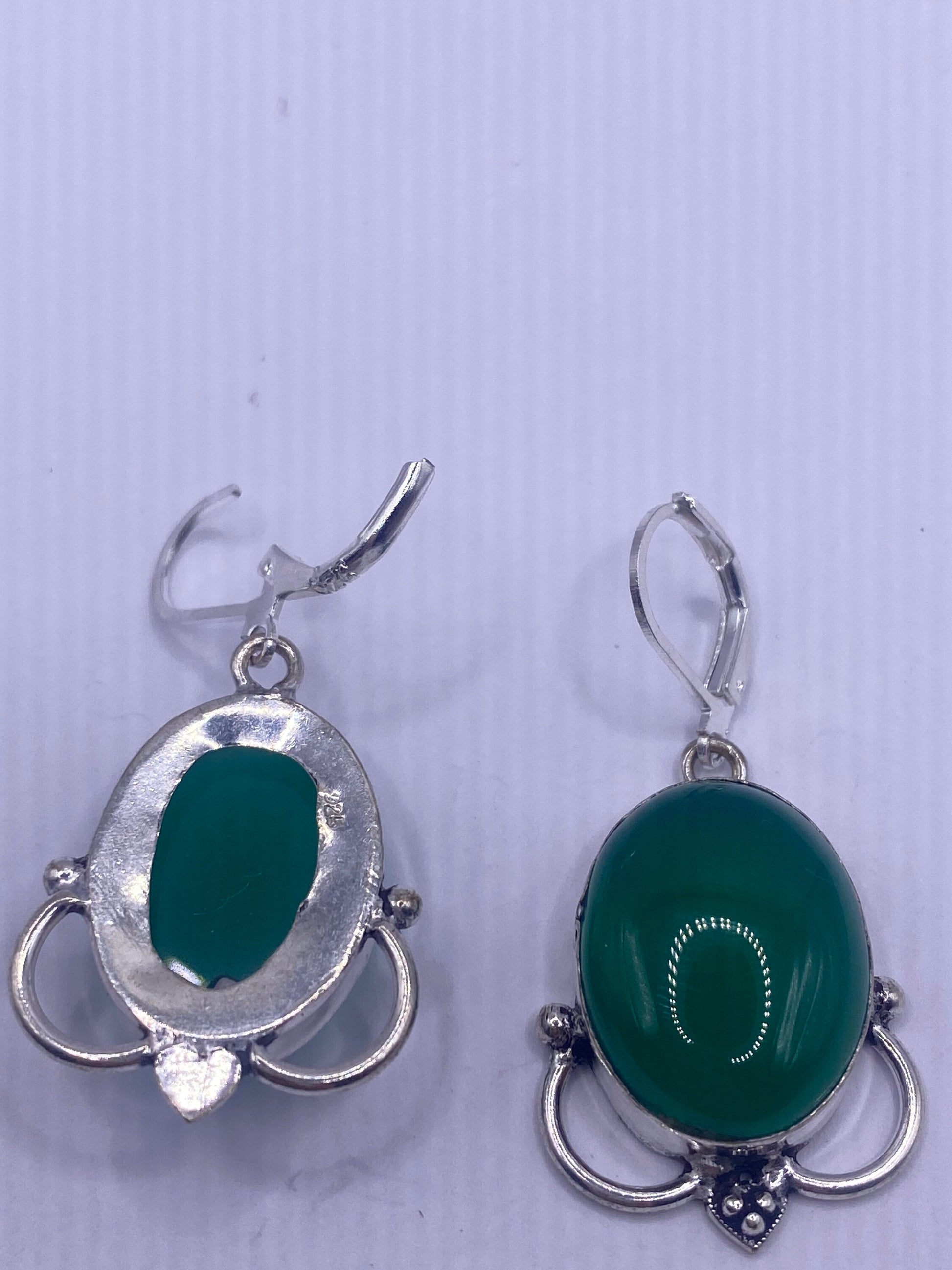 Antique vintage Green Crysopraise Silver dangle earrings