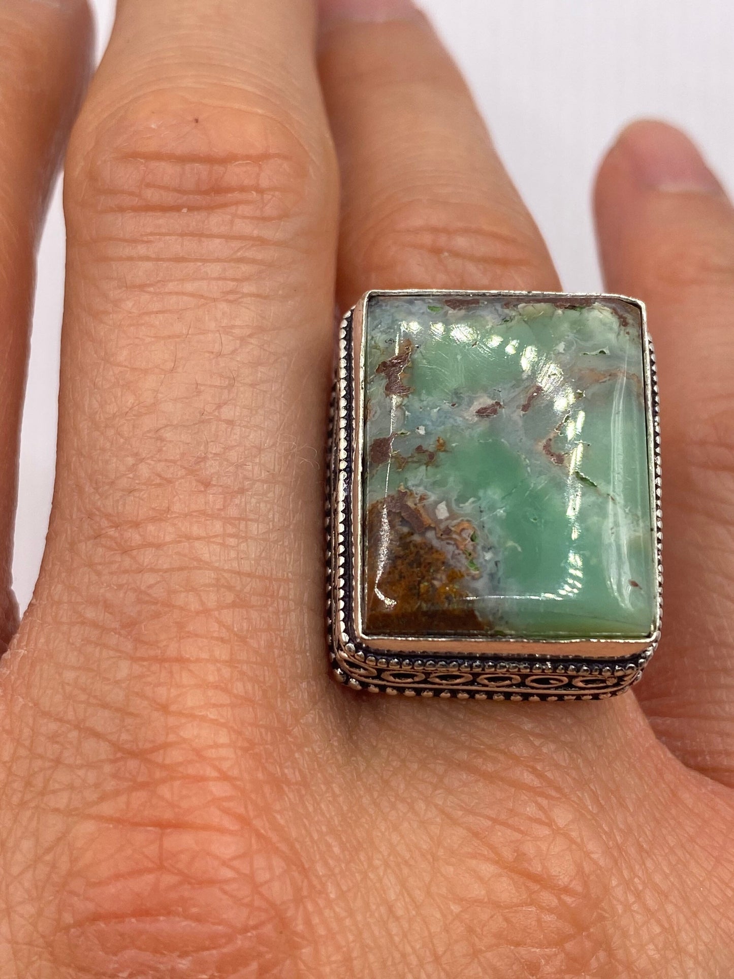 Vintage Green Amazonite Silver Ring Size 8
