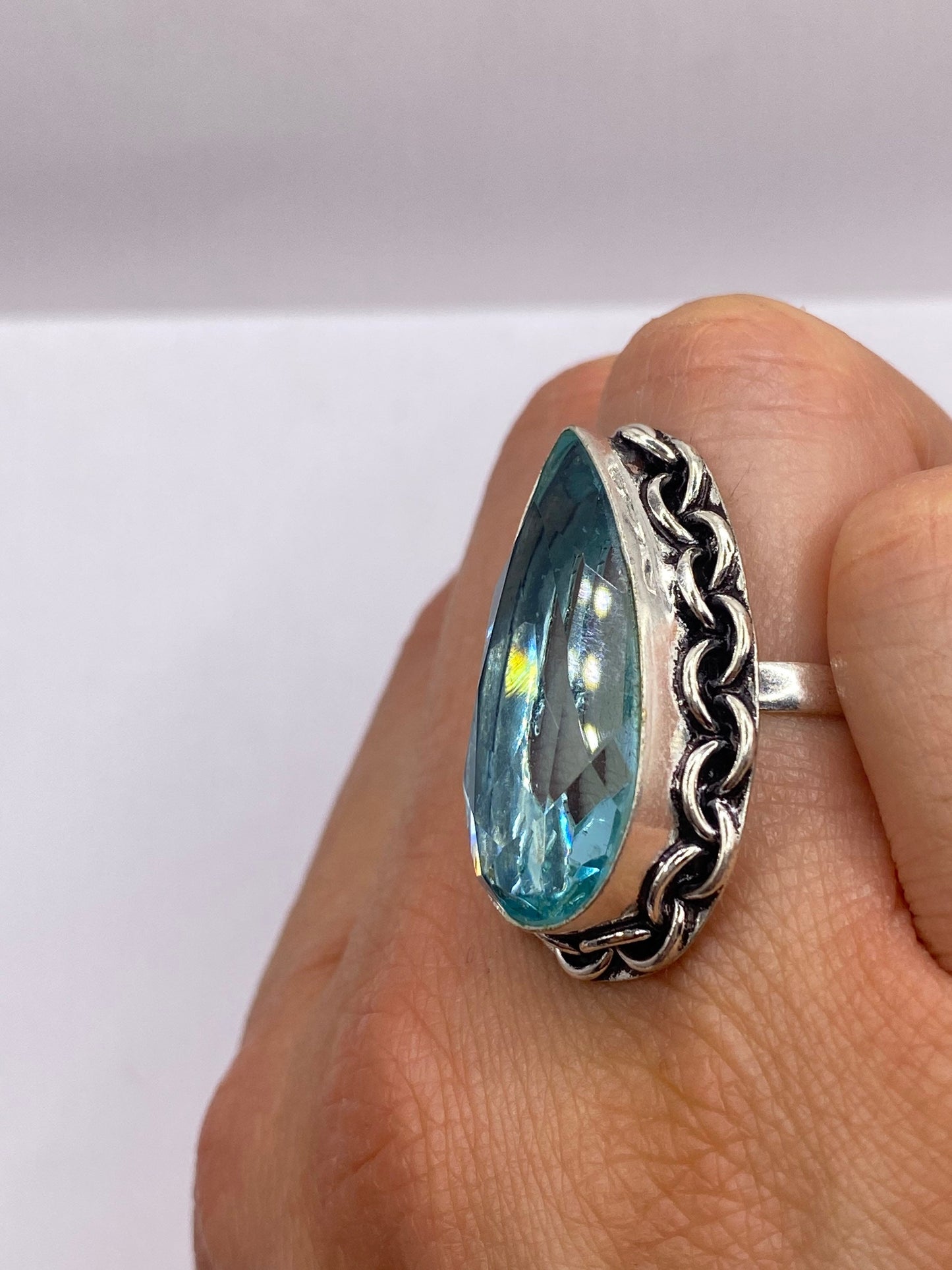 Vintage Aqua Blue Volcanic Art Glass Ring
