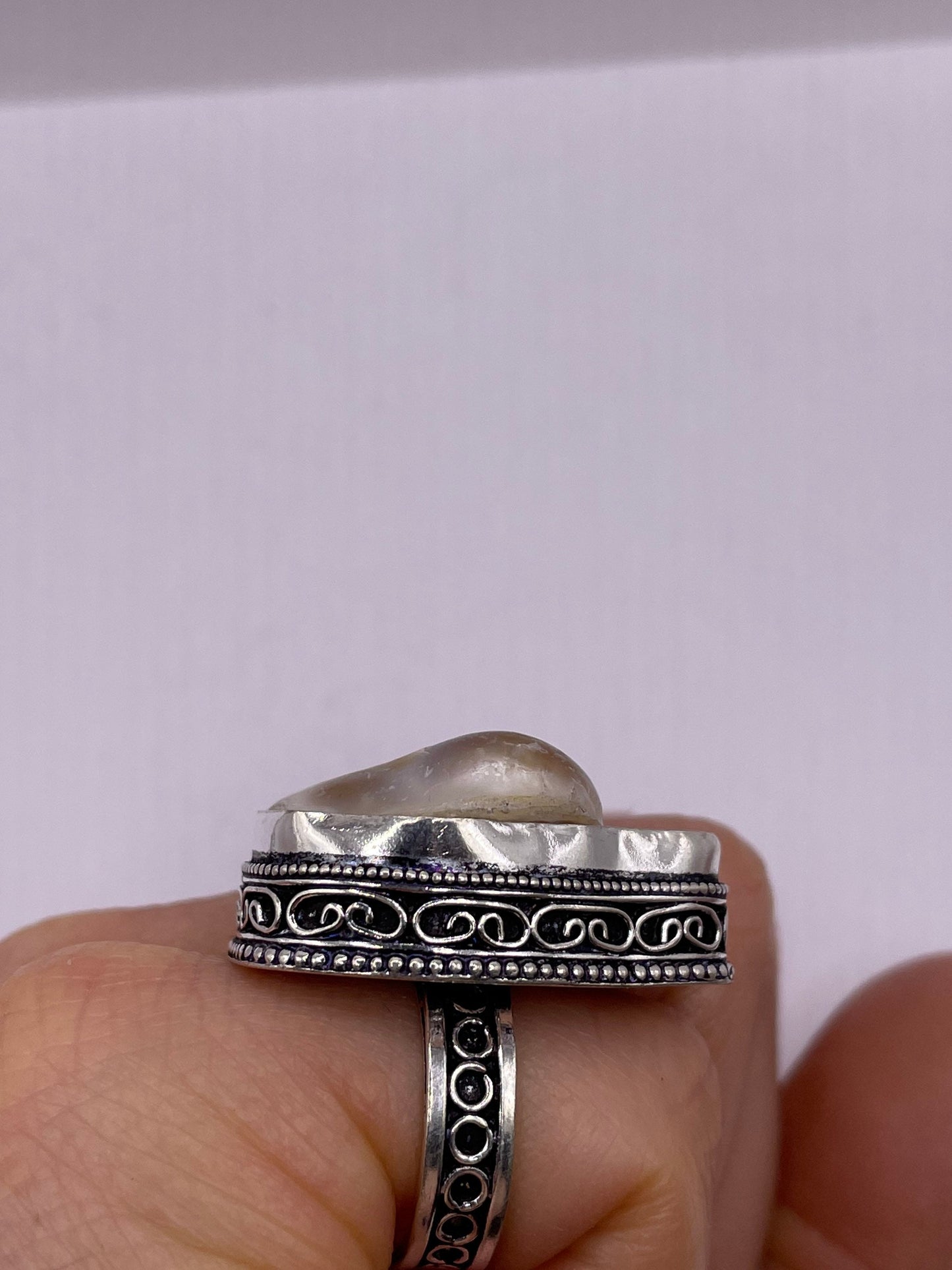 Vintage White Pearl Silver White Bronze Cocktail Ring