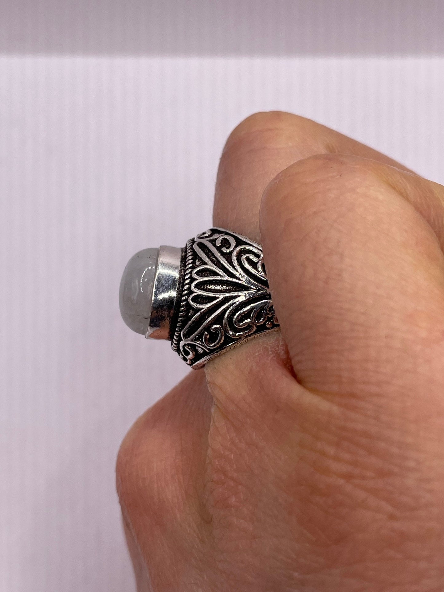 Vintage White Moonstone Ring White Bronze Silver
