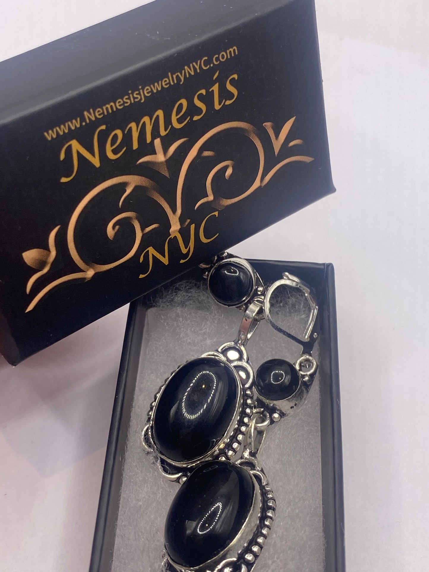 Vintage Black Onyx Sterling Silver Deco Dangle Liver back Earrings