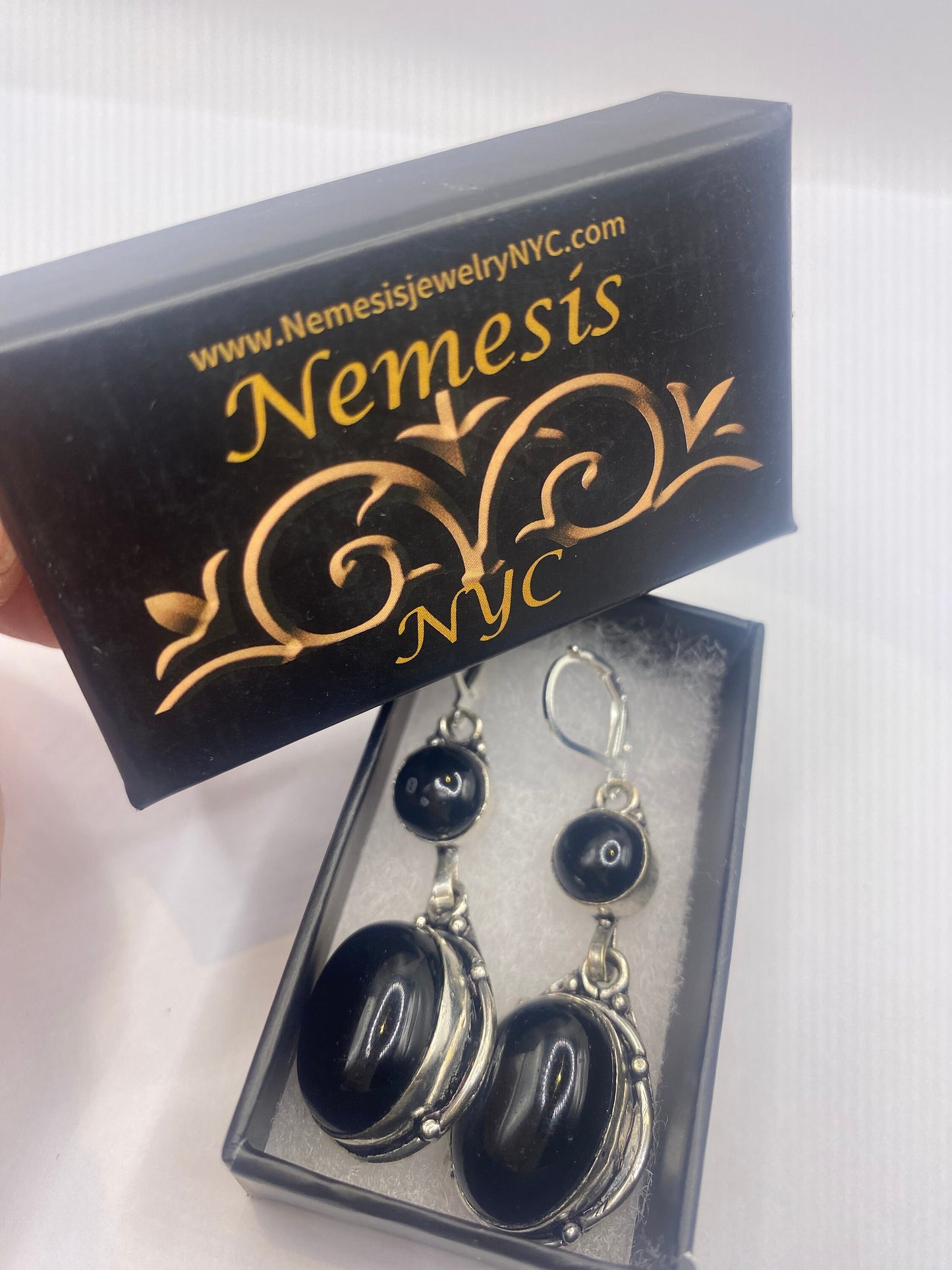 Vintage Black Onyx Sterling Silver Deco Dangle Liver back Earrings