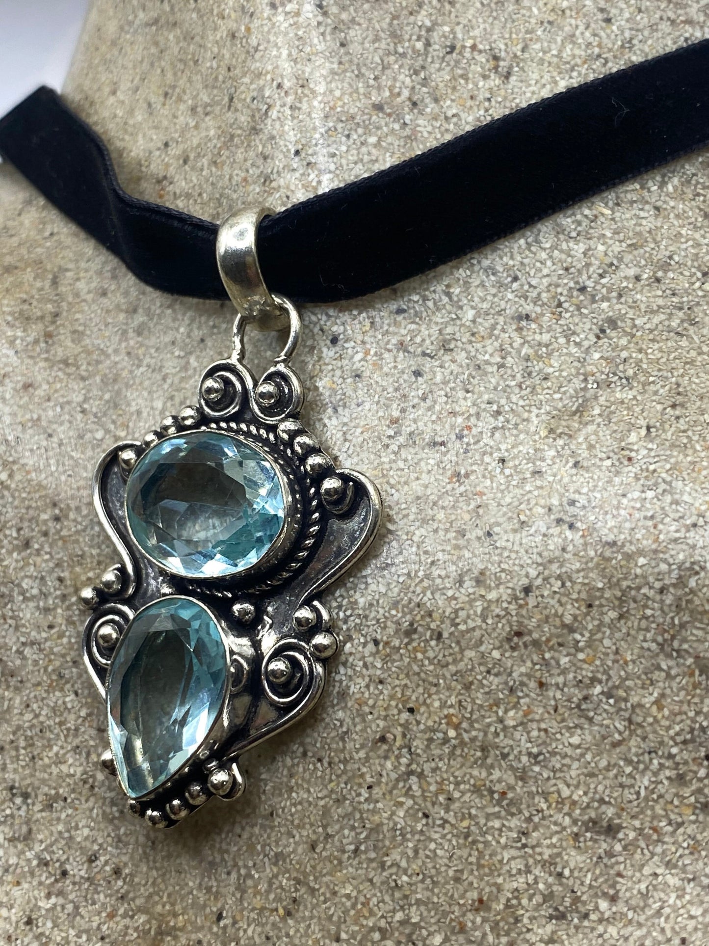 Vintage Blue Aqua Glass Choker Silver Finished Necklace
