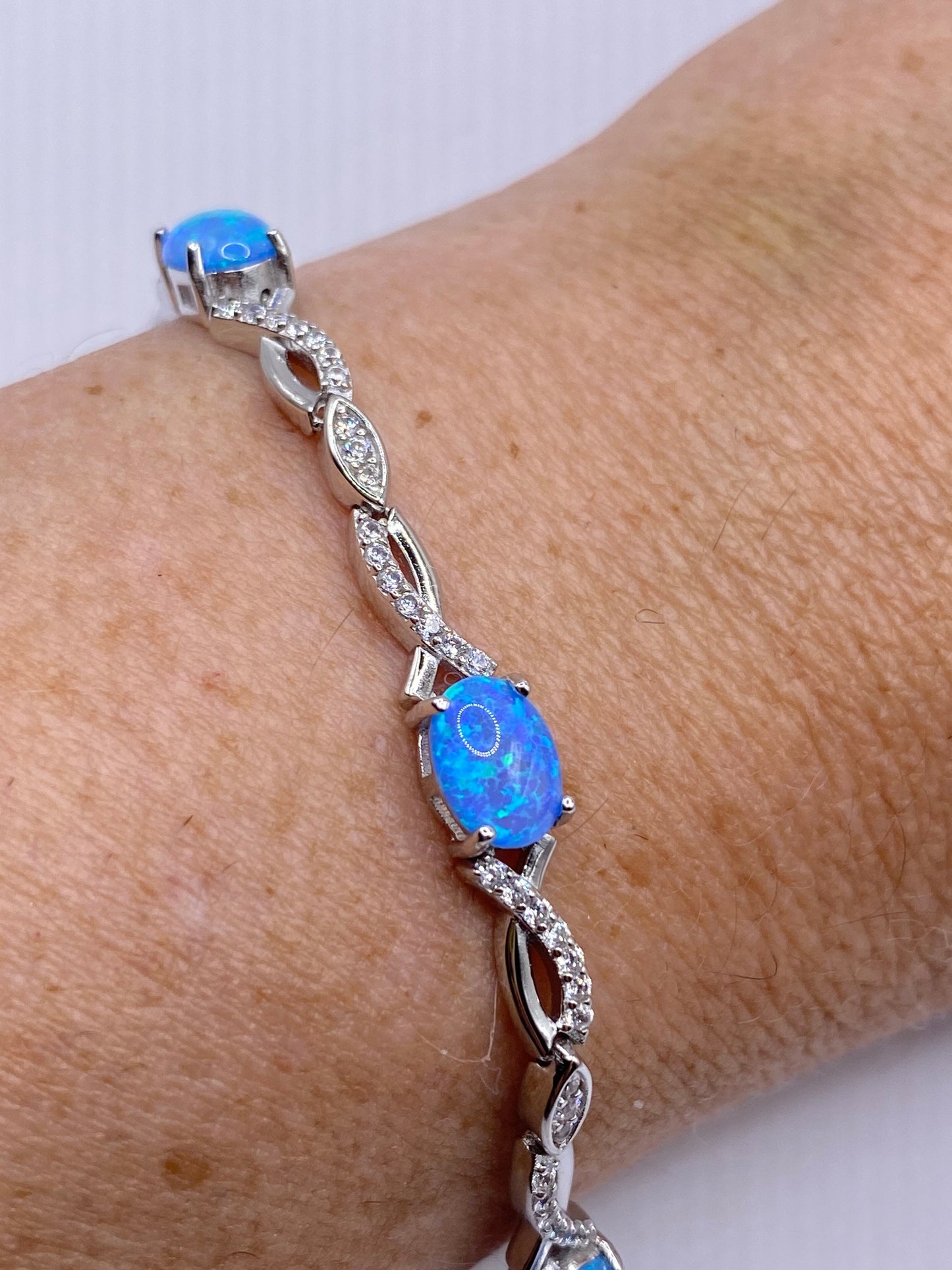 Vintage Blue Fire Opal Cubic Zirconia Bracelet 925 Sterling Silver