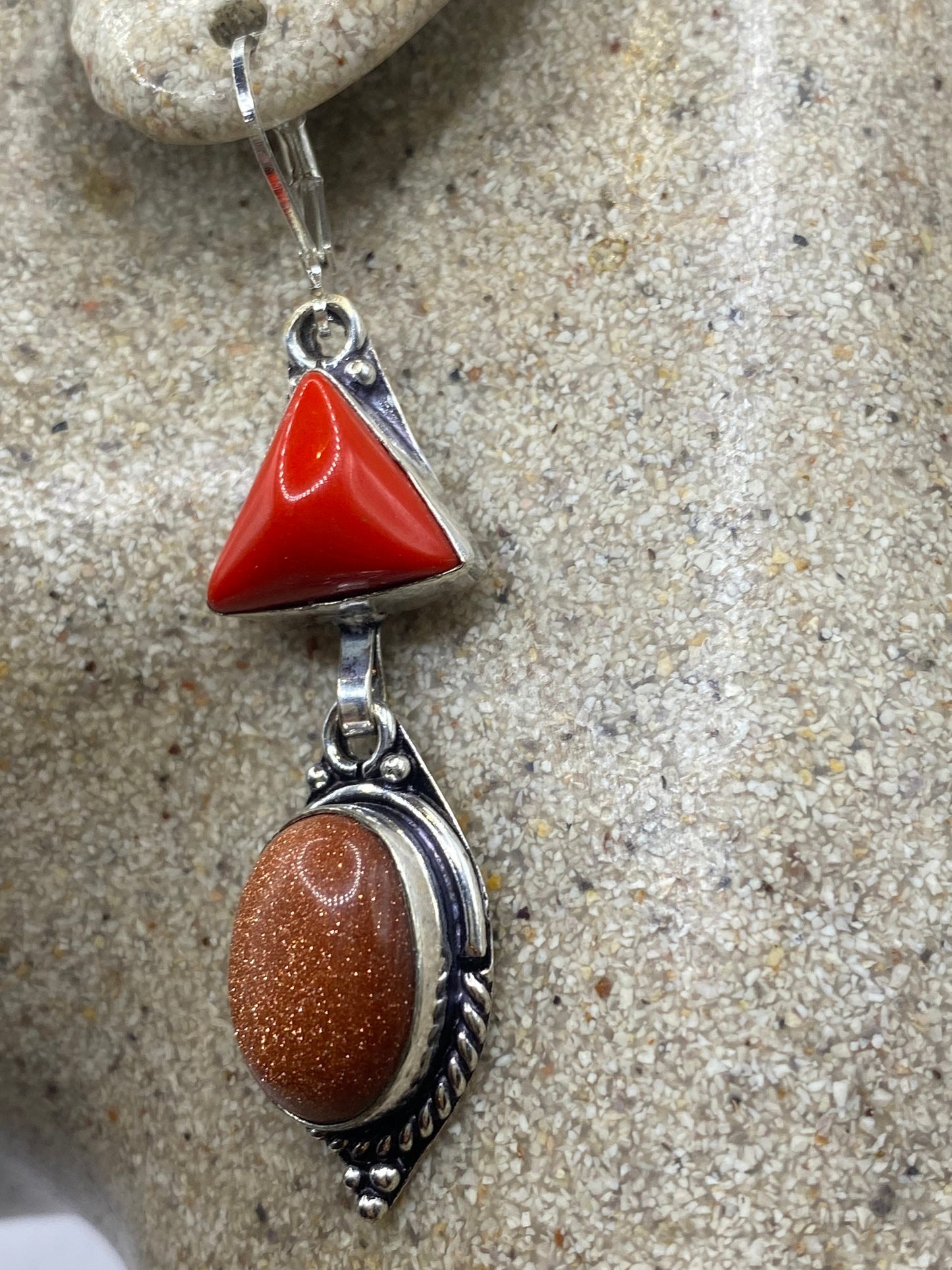 Vintage Chandelier Earrings Goldstone Red Coral Silver Lever Back Dangle