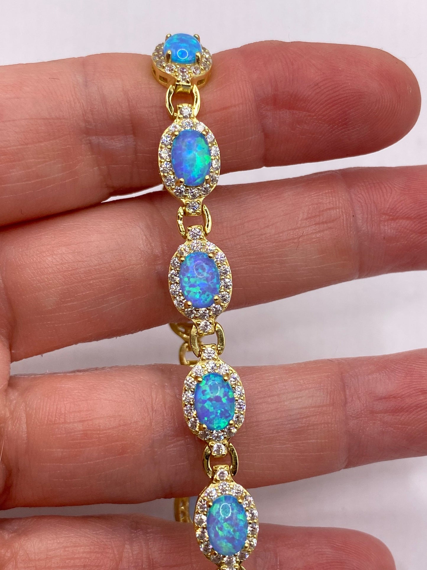 Vintage Blue Fire Opal Cubic Zirconia Bracelet 925 Sterling Silver