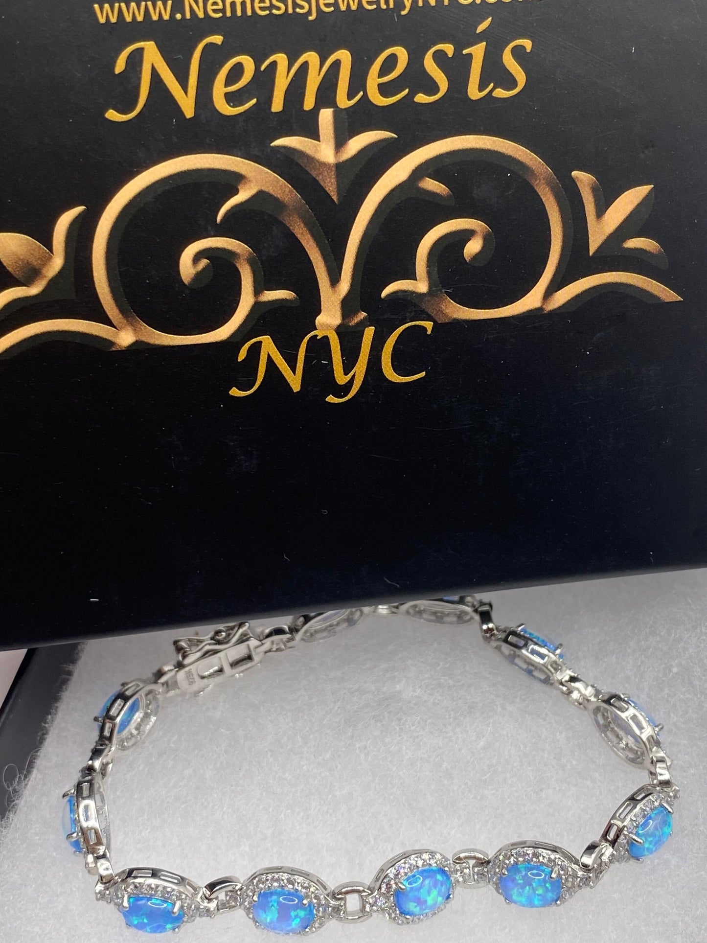 Vintage Blue Fire Opal Cubic Zirconia Bracelet 925 Sterling Silver