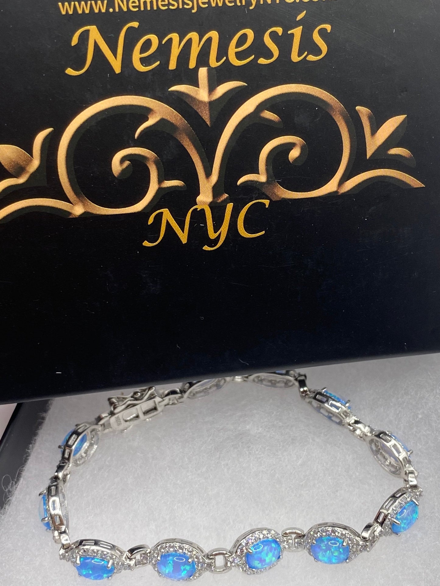 Vintage Blue Fire Opal Cubic Zirconia Bracelet 925 Sterling Silver