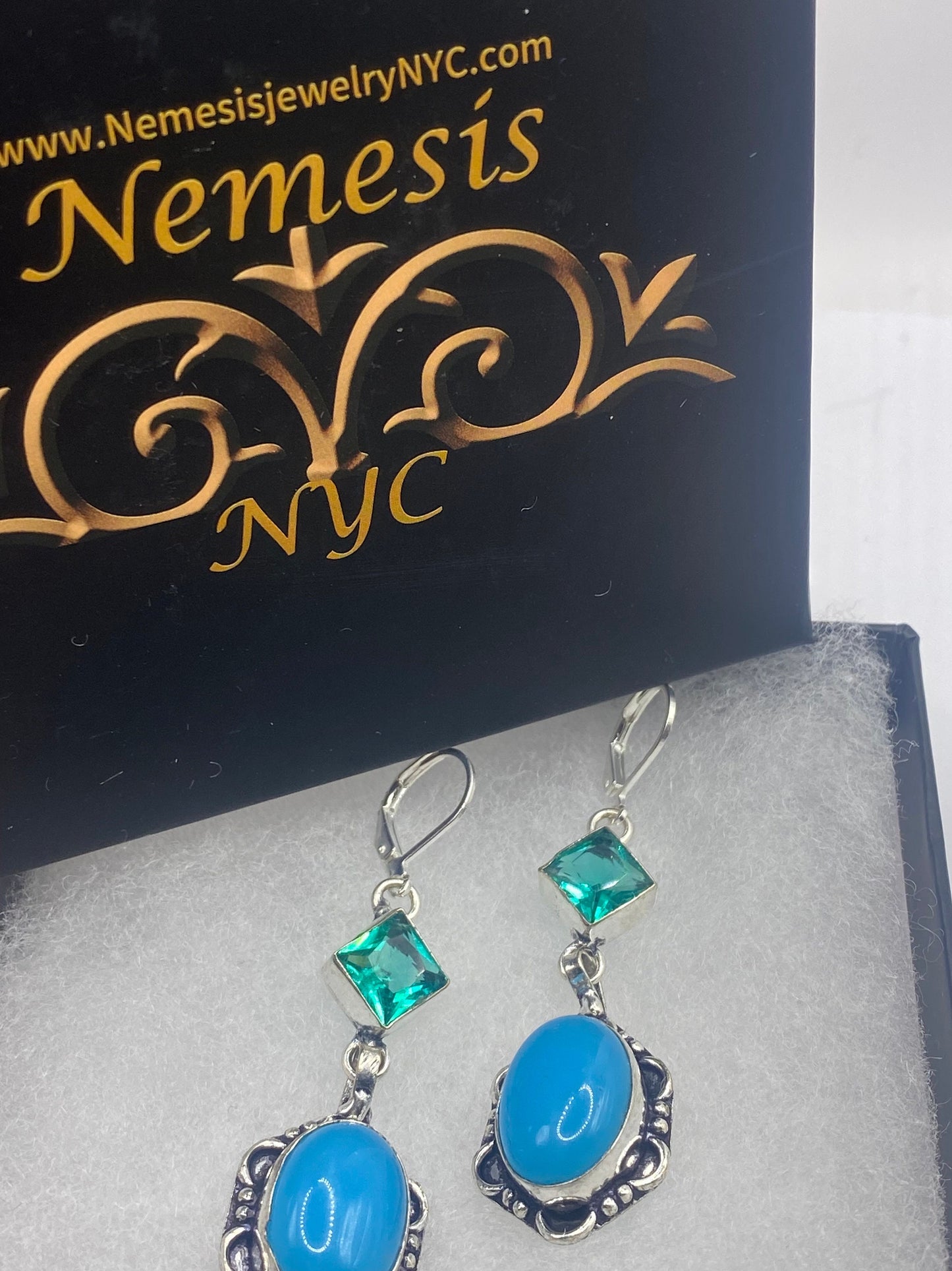 Vintage Blue Chalcedony Chandelier Earrings Silver Dangle