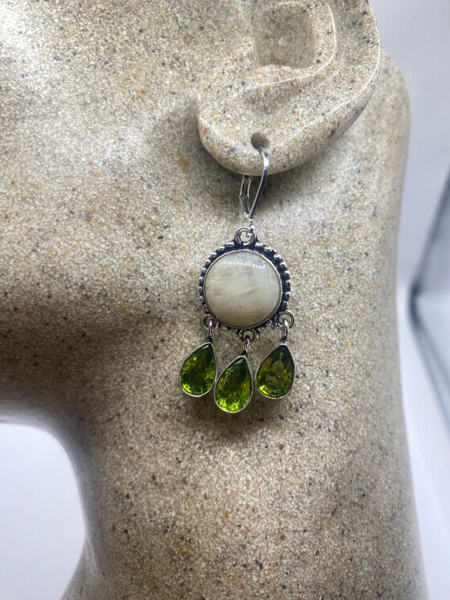 Vintage Green Peridot Moonstone Chandelier Earrings 925 Sterling Silver Leverback