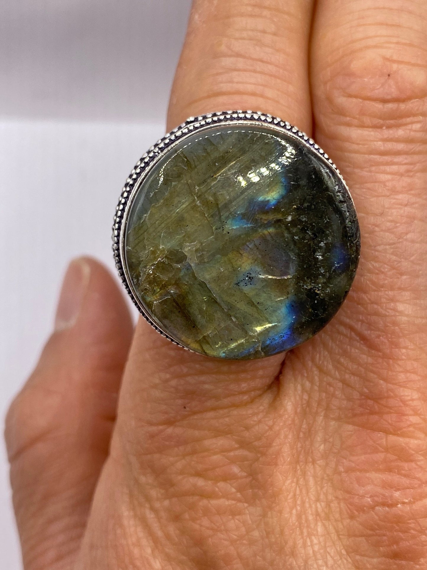 Vintage Blue Green Labradorite Moonstone Silver Cocktail Ring