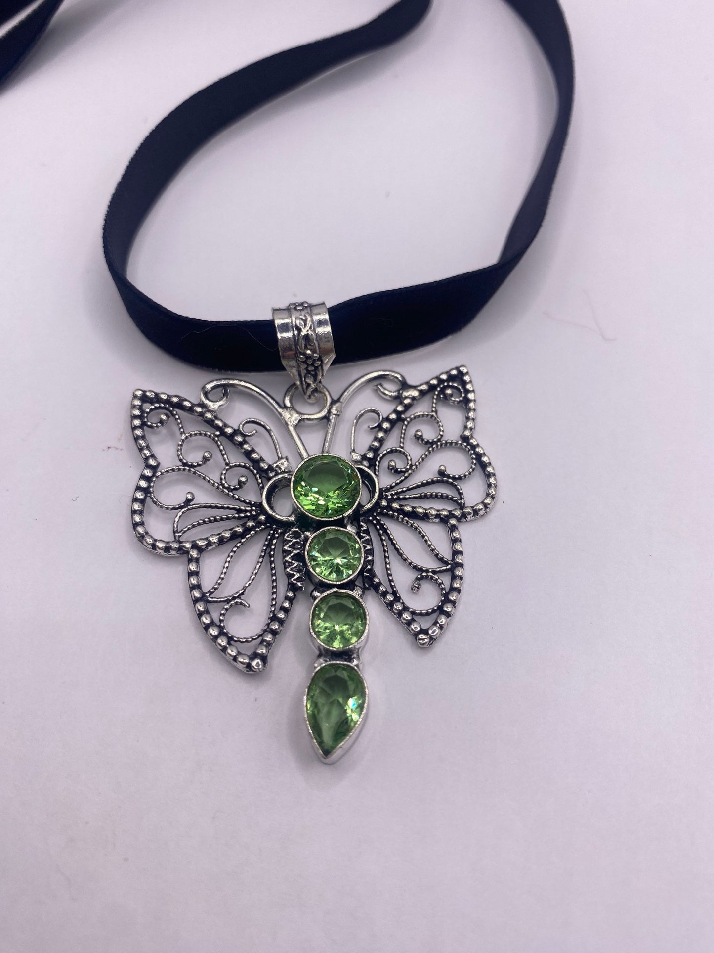 Vintage Silver Dragonfly Choker Black Velvet Necklace.