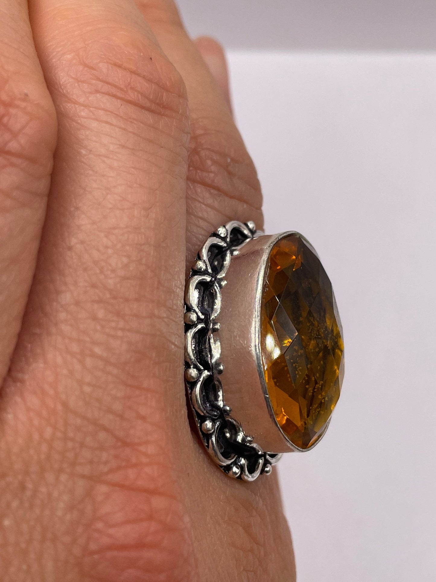 Vintage Art Glass Ring, Ornate German Silver Knuckle Ring, Size 7.75