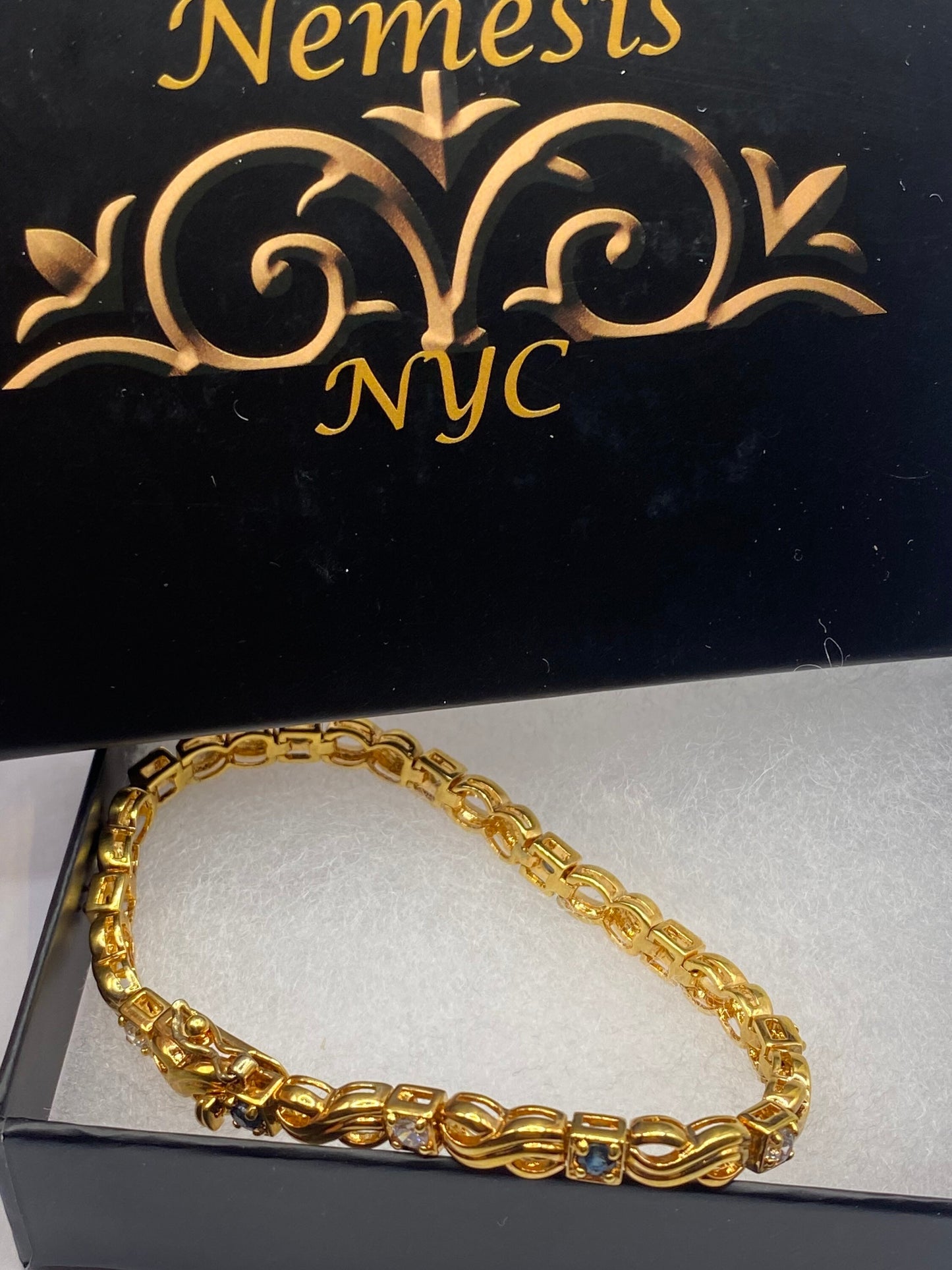 Deco Blue and White Sapphire Tennis Bracelet in golden 925 Sterling Silver 7.25 Inch Vintage