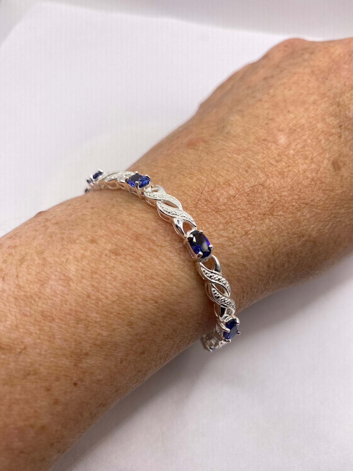 Vintage Blue Sapphire White Diamond Bracelet 925 Sterling Silver Tennis