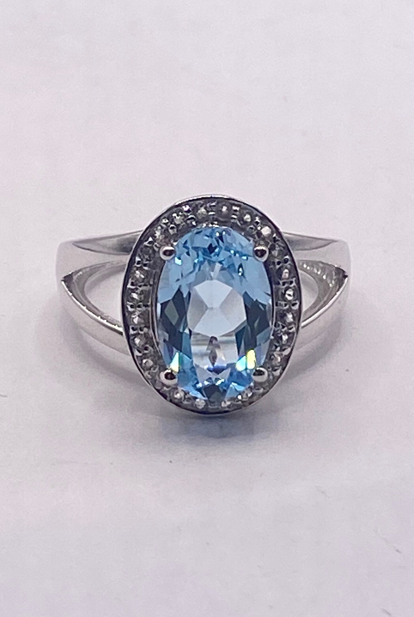 Vintage Blue Topaz White Diamond 925 Sterling Silver Promise Ring