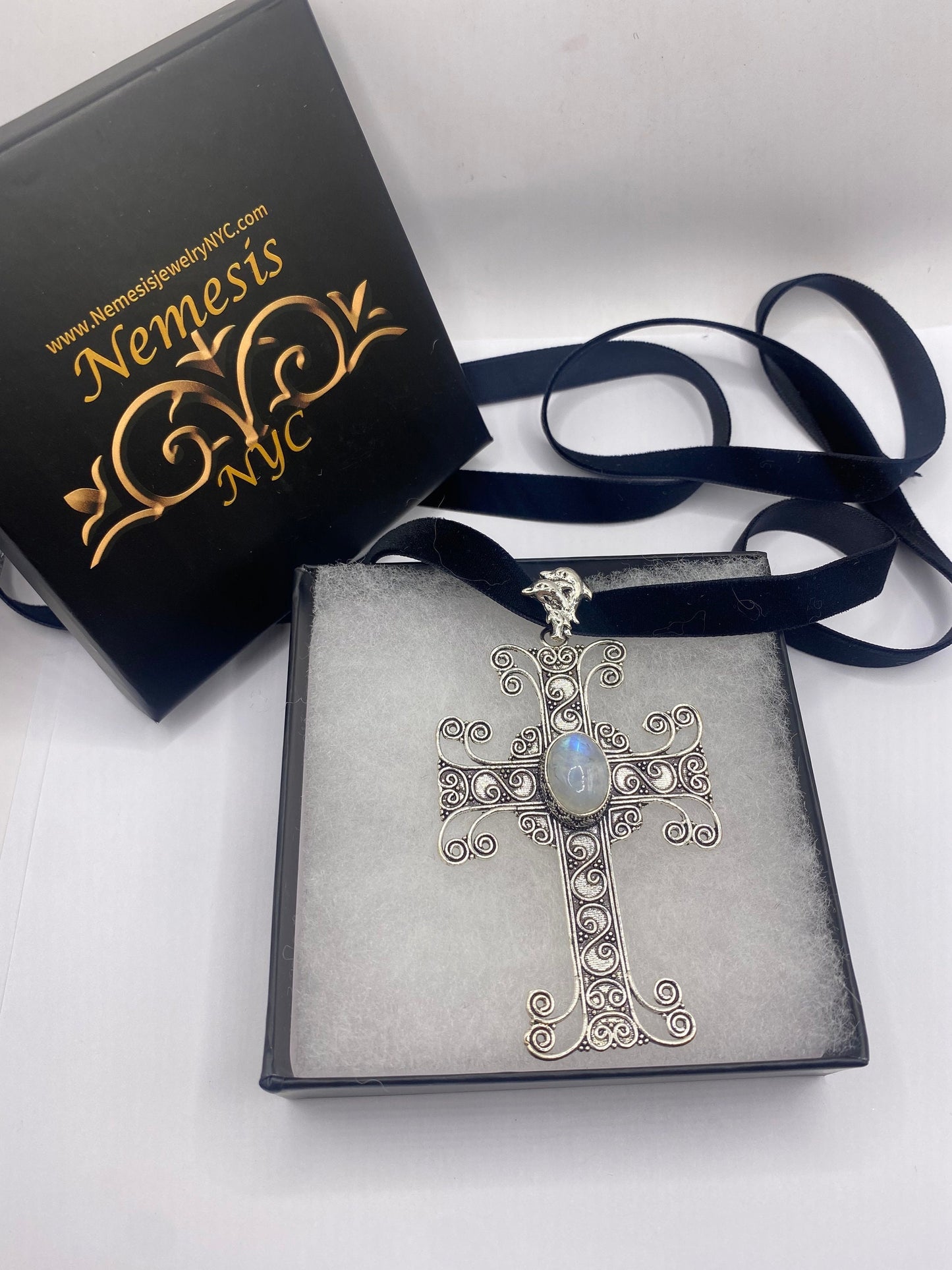 Bohemian Genuine Rainbow Moonstone Cross Choker Necklace