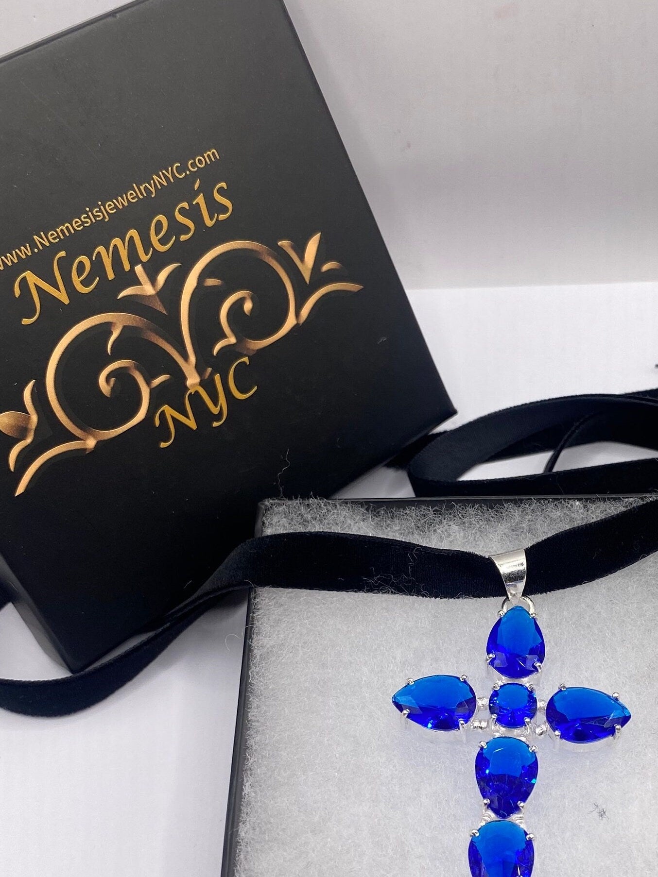 Vintage Colbolt Blue Glass Cross Choker Necklace