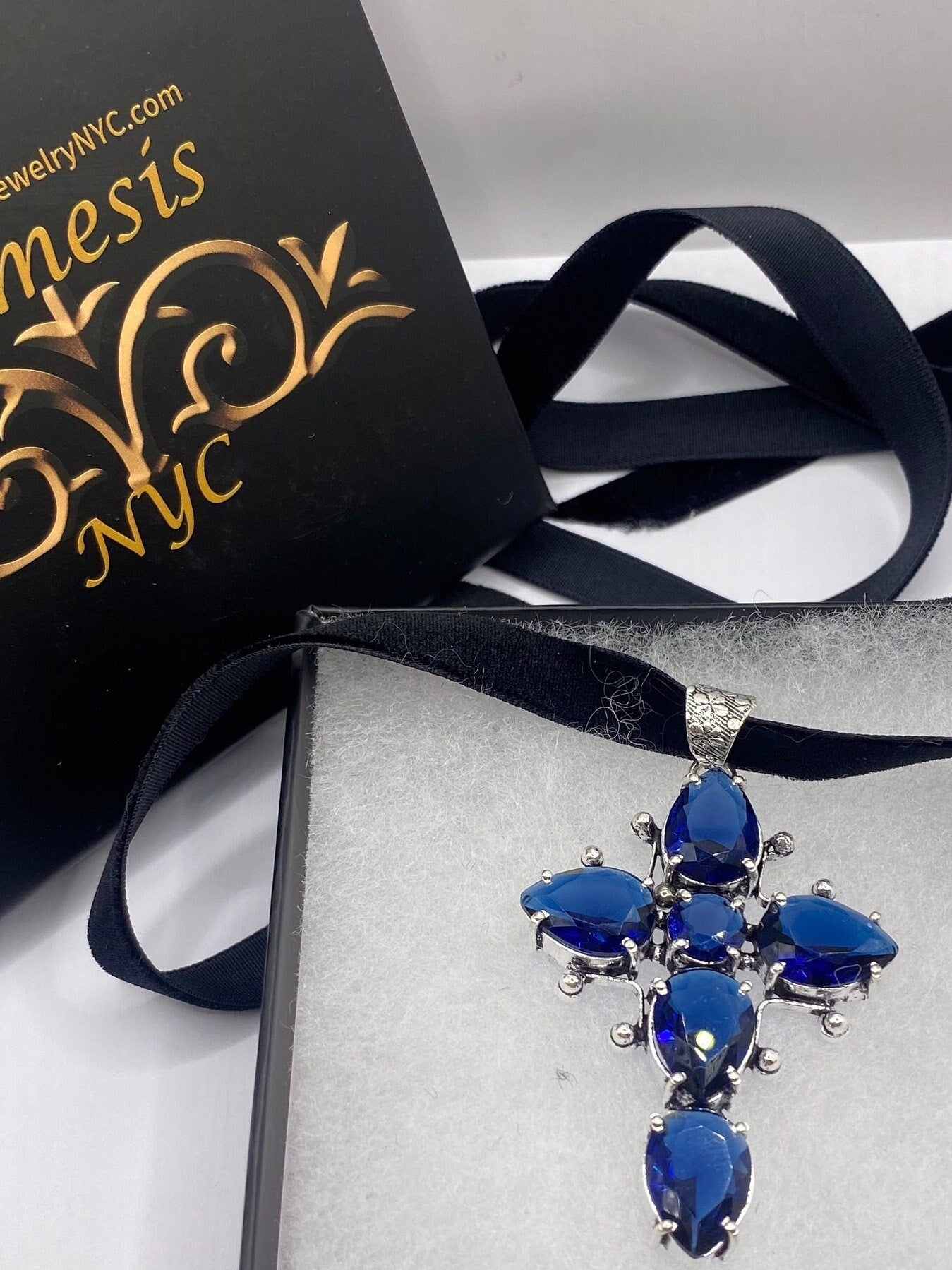 Vintage Colbolt Blue Glass Cross Choker Necklace