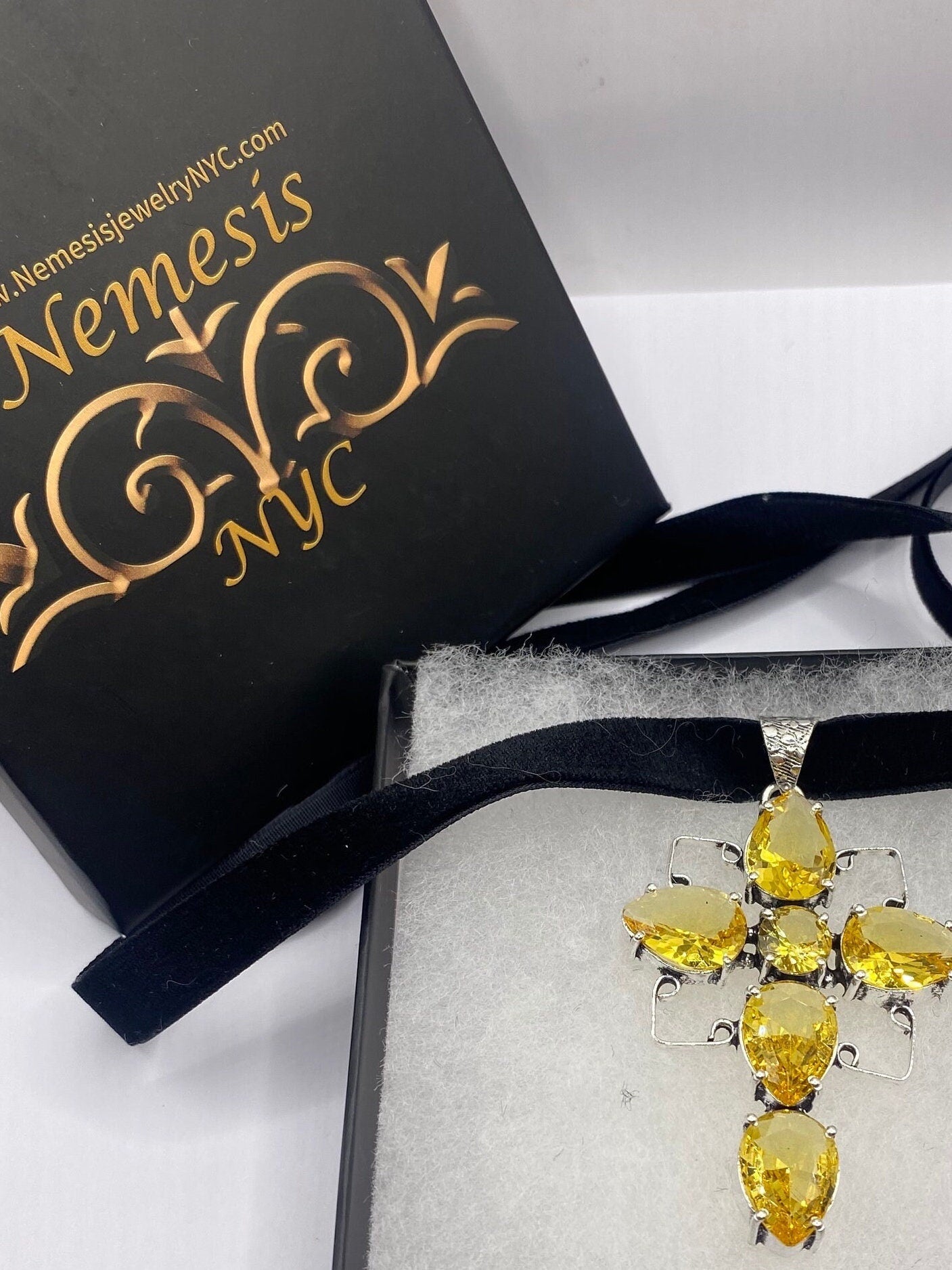 Vintage Golden Yellow Glass Cross Choker Necklace