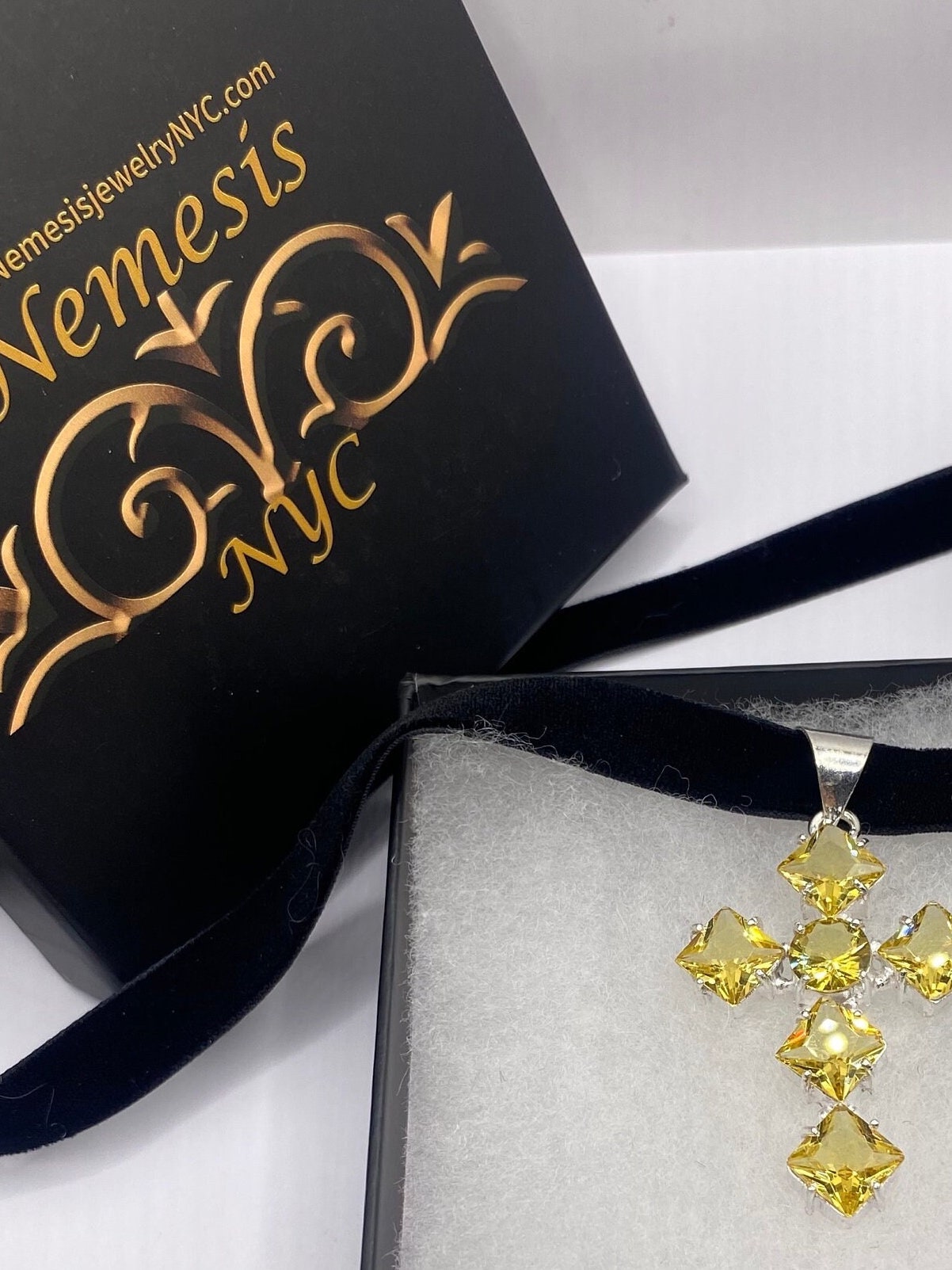 Vintage Golden Yellow Glass Cross Choker Necklace