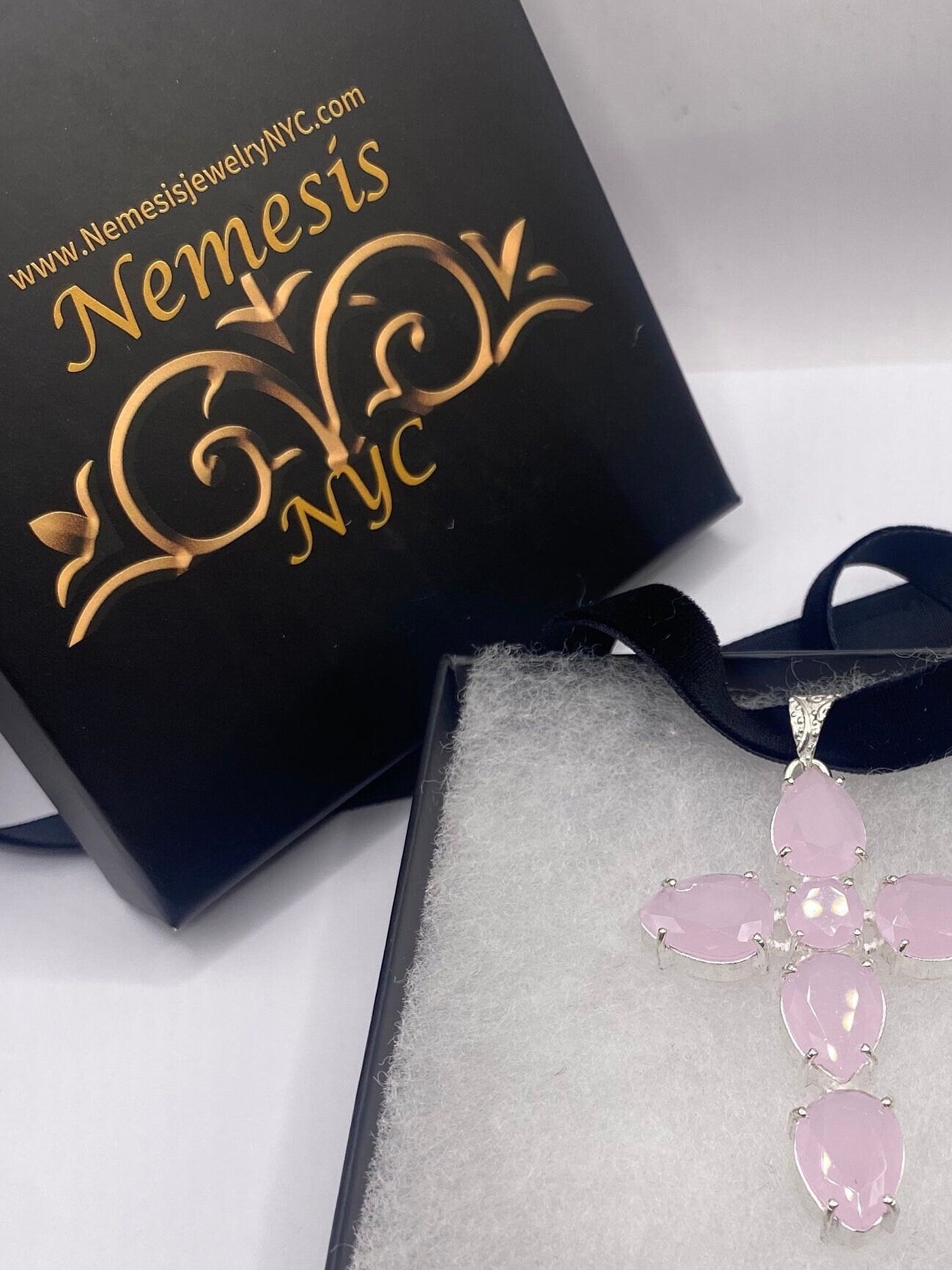 Vintage Handmade Silver Finish Rose Quartz Cross Choker Pendant