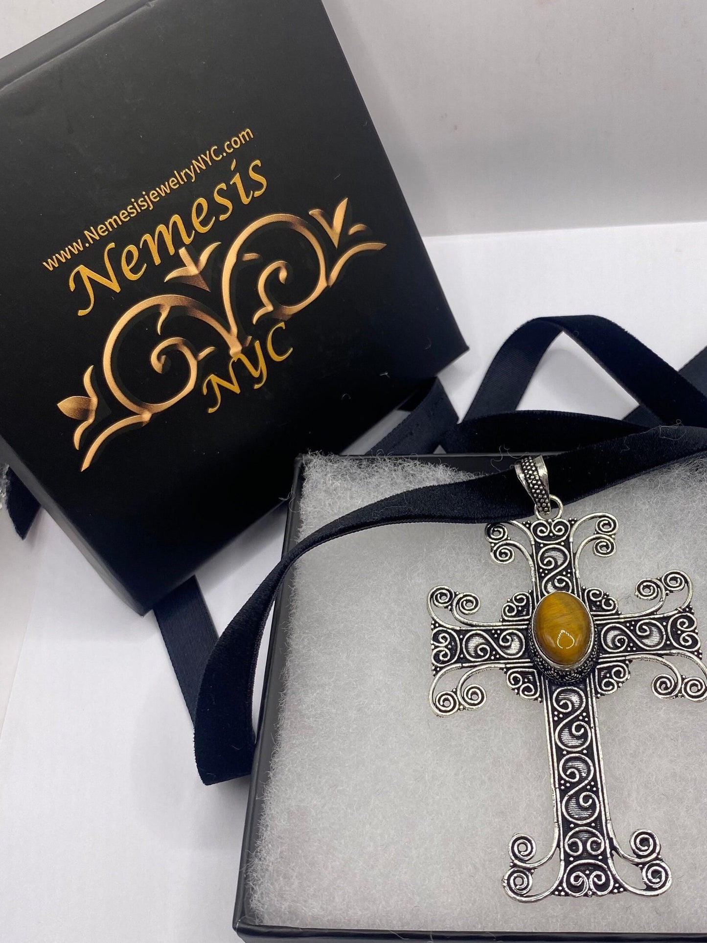 Vintage gothic tigers eye cross Pendant Necklace