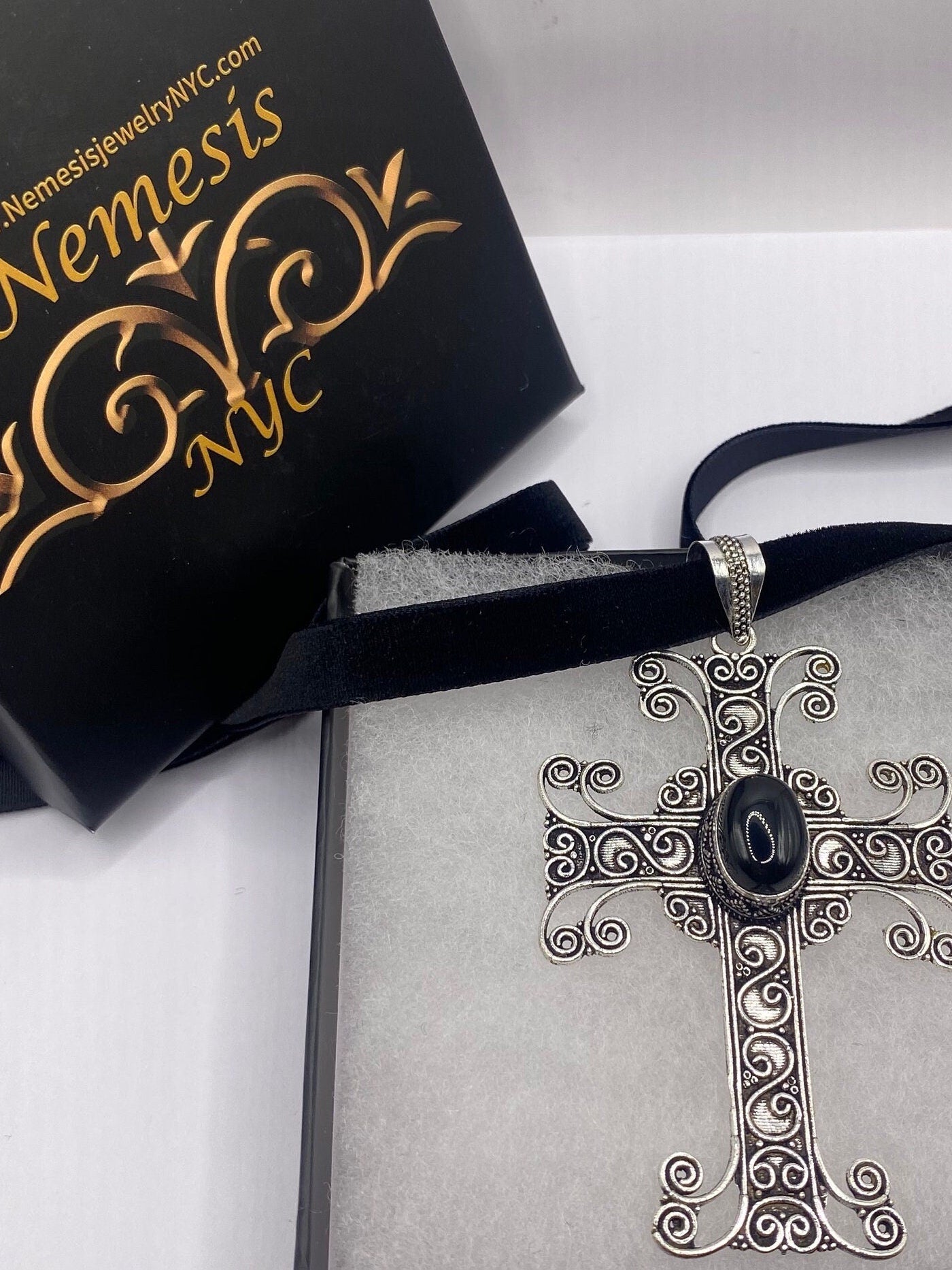 Vintage Black Onyx Cross Choker Black Velvet Ribbon Pendant