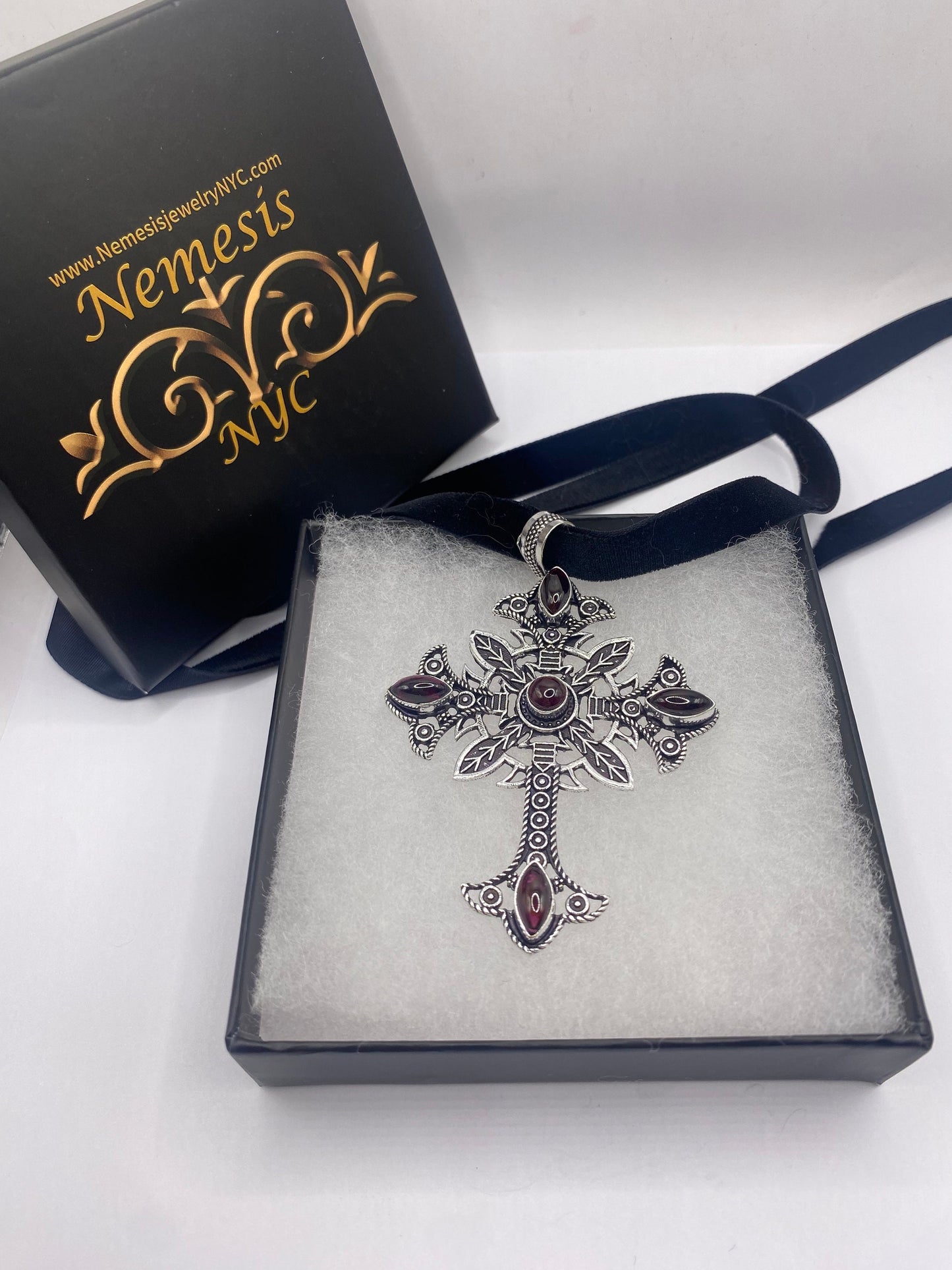 Vintage Red Garnet Cross Choker Black Velvet Necklace.