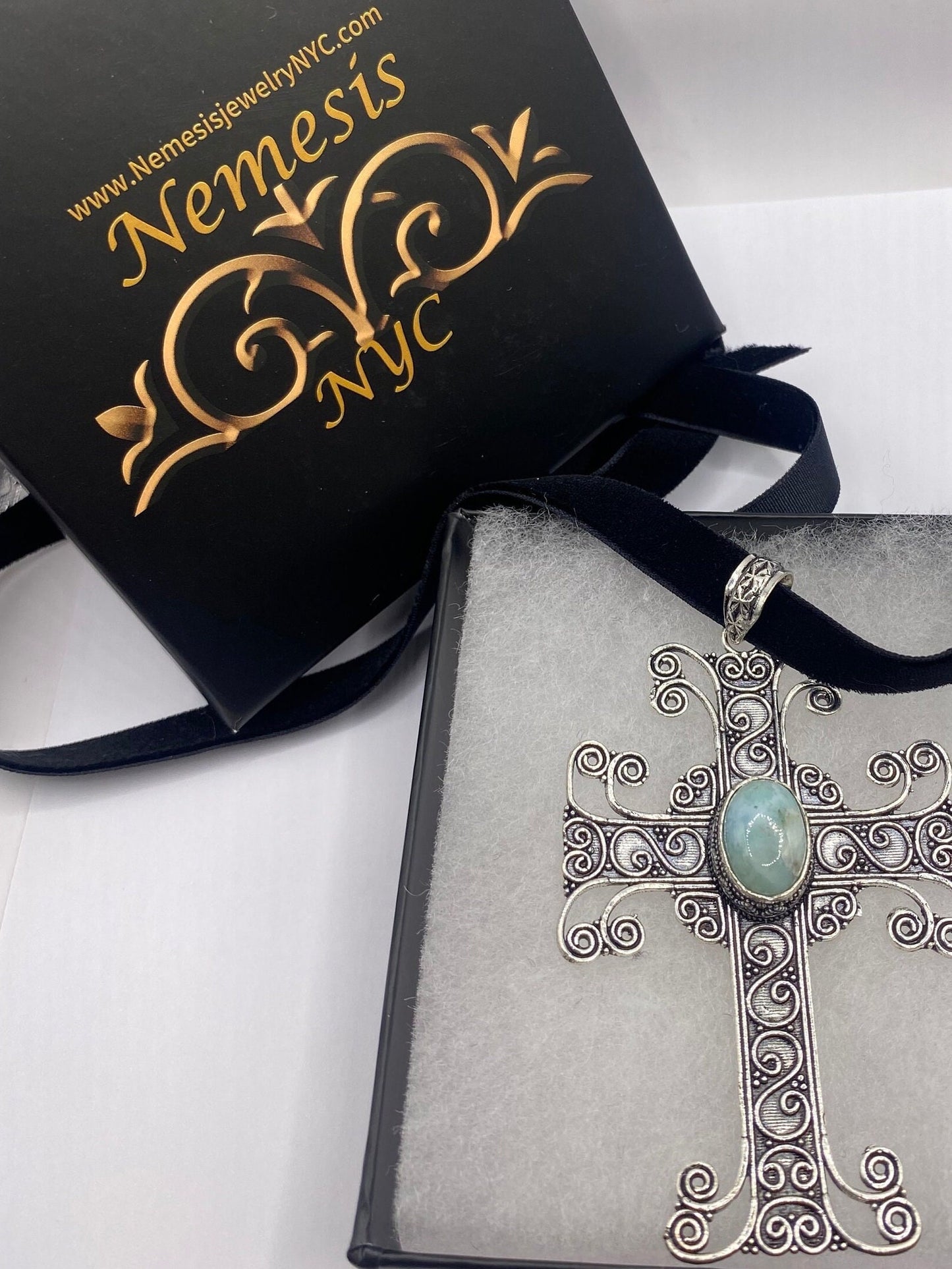 Vintage gothic blue larimar cross Pendant Necklace