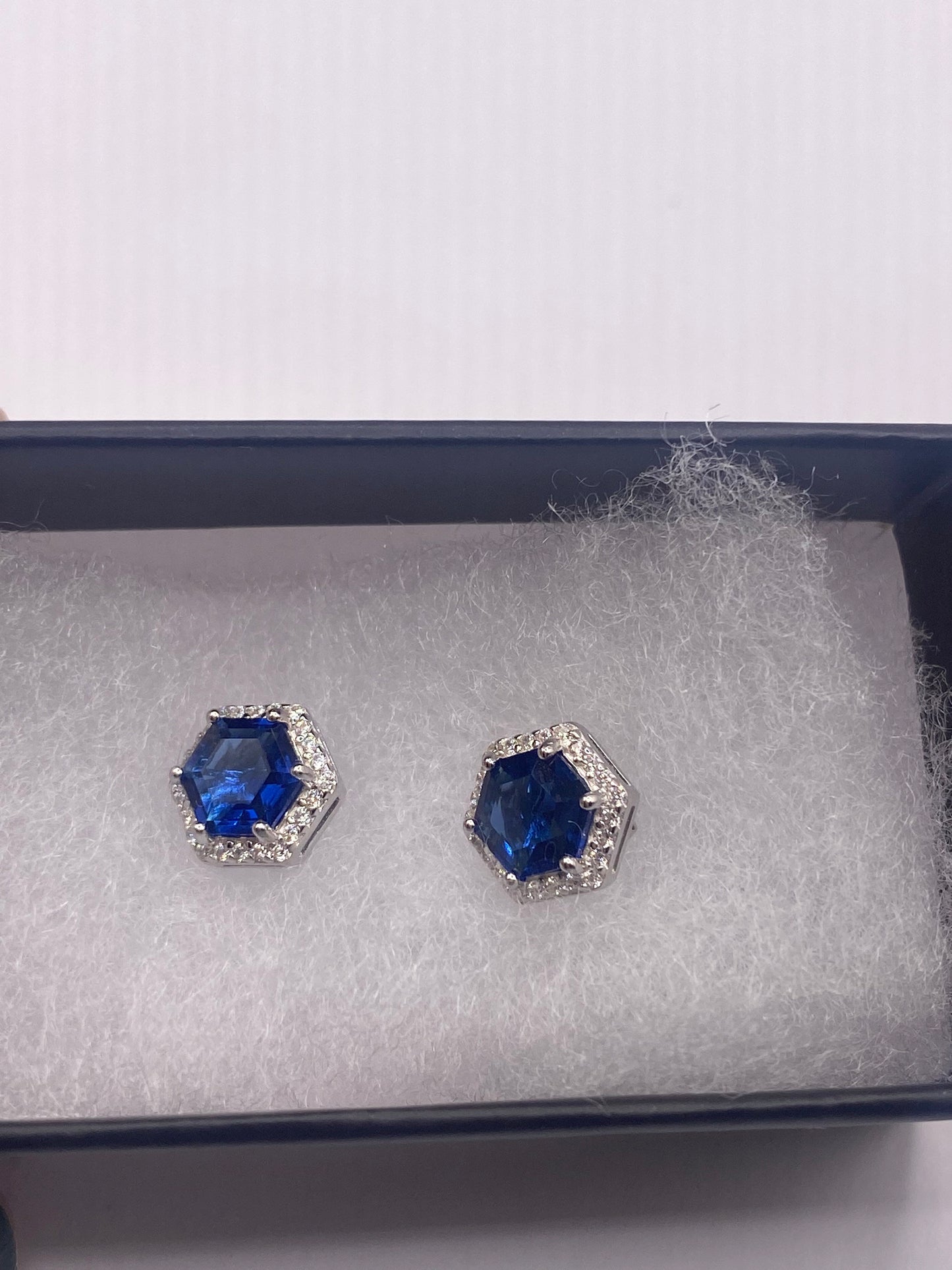 Vintage Blue Iolite Earrings 925 Sterling Silver Stud Button