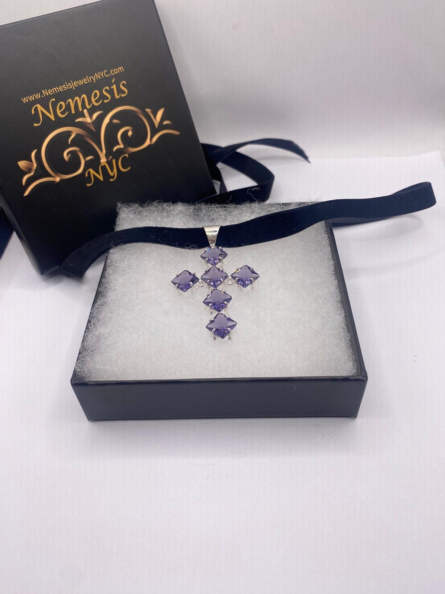 Vintage Purple Amethyst Glass Cross Choker Necklace
