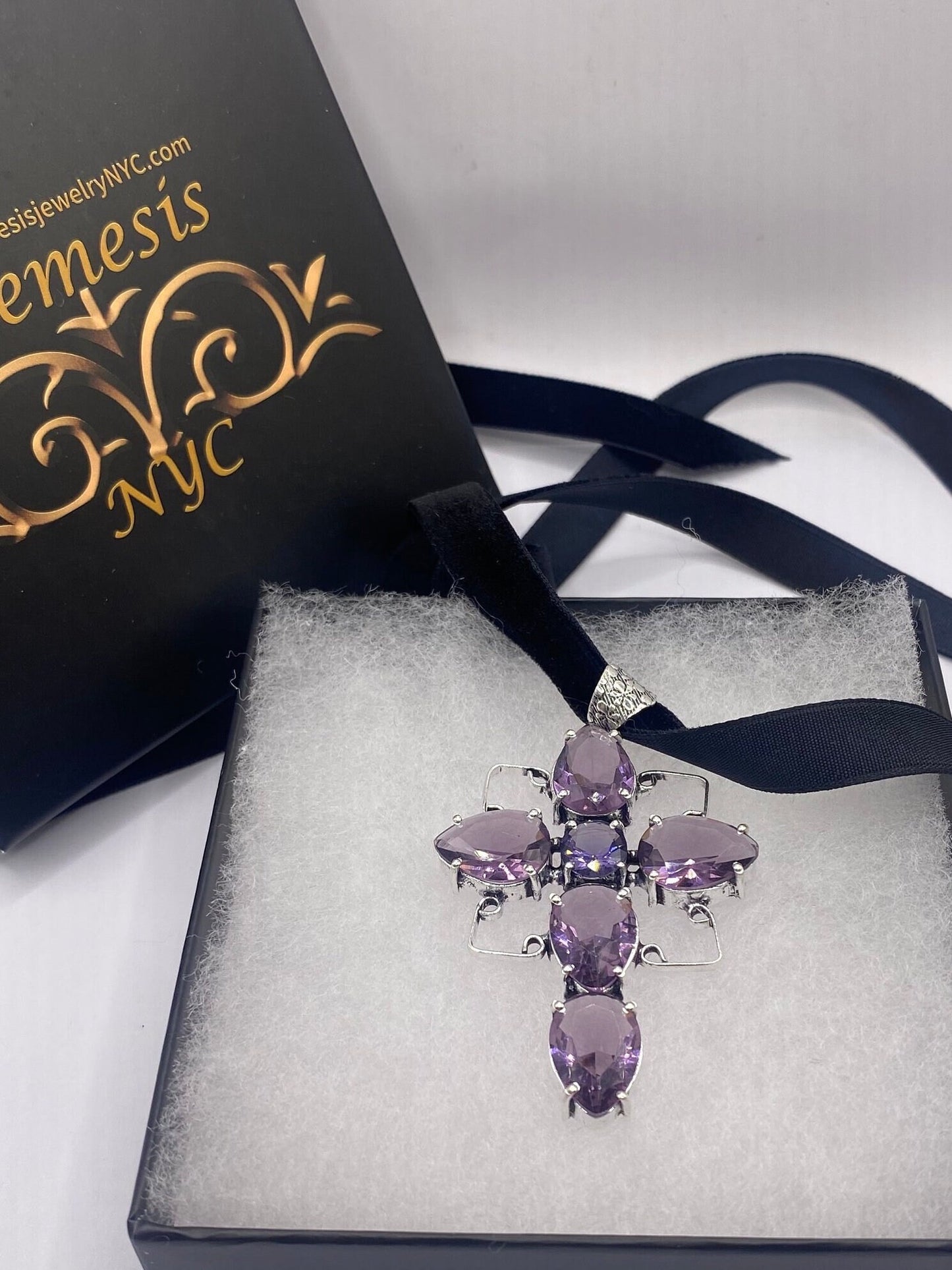 Vintage Purple Amethyst Glass Cross Choker Necklace