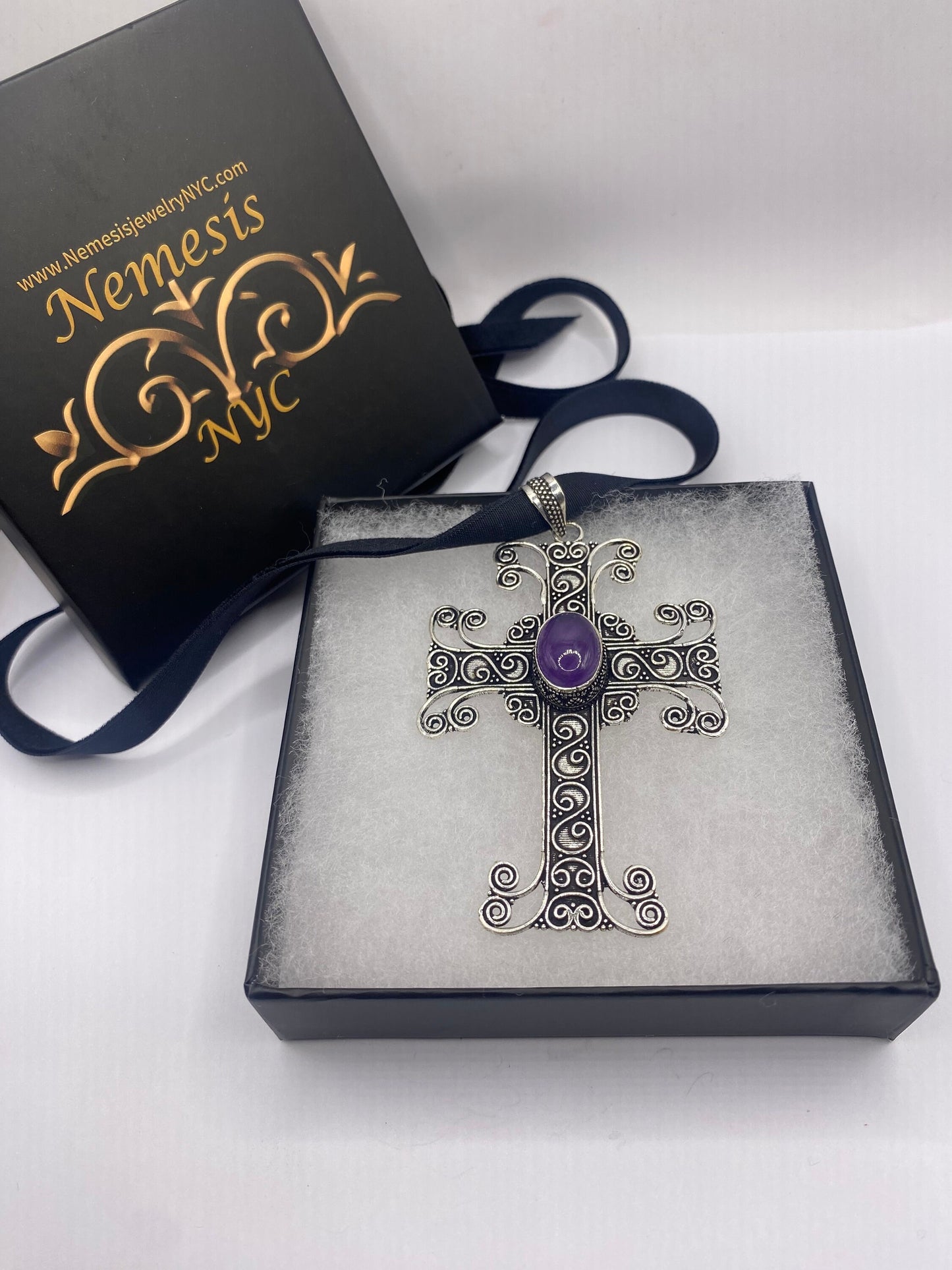Bohemian Cut Deep Purple Genuine Amethyst Cross Choker Necklace