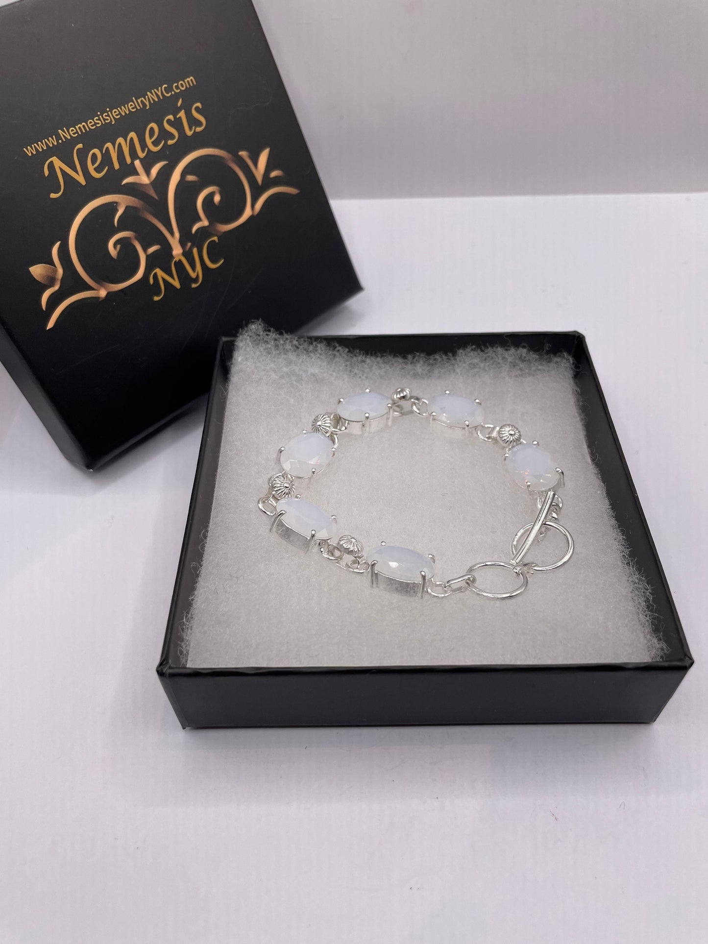 Vintage White Opal glass Silver Tennis Bracelet