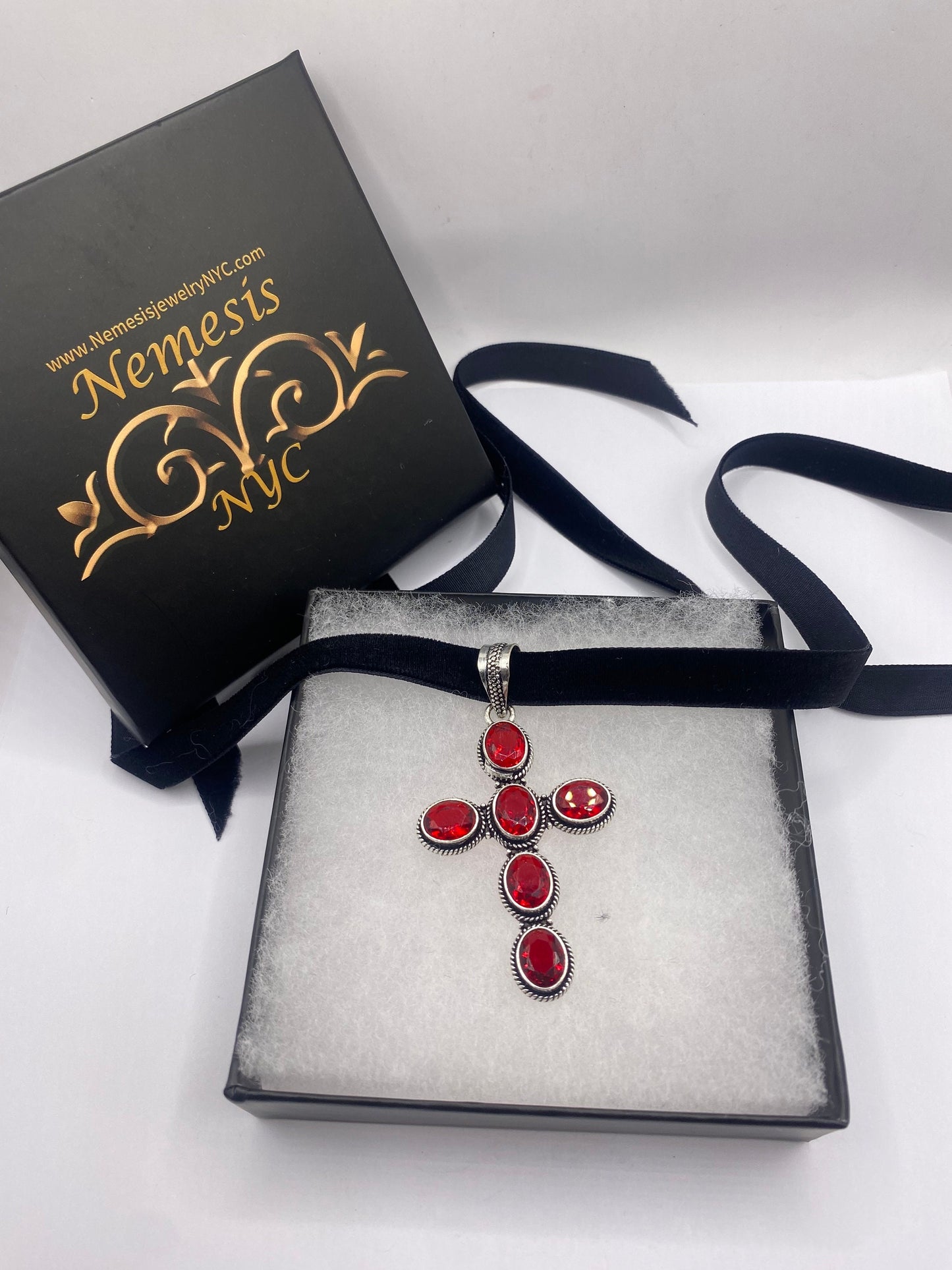 Vintage Red Ruby Glass Cross Choker Black Velvet Necklace.