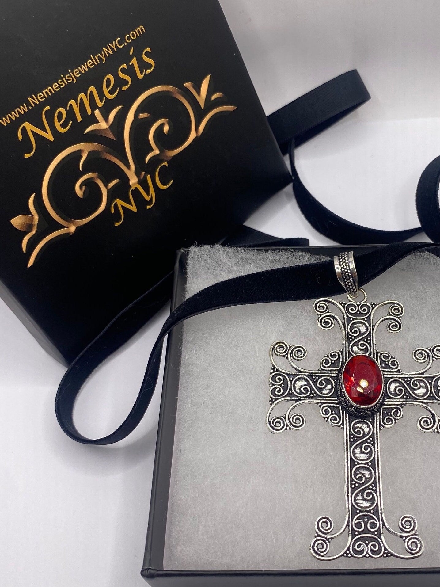 Vintage Red Ruby Glass Cross Choker Black Velvet Necklace.