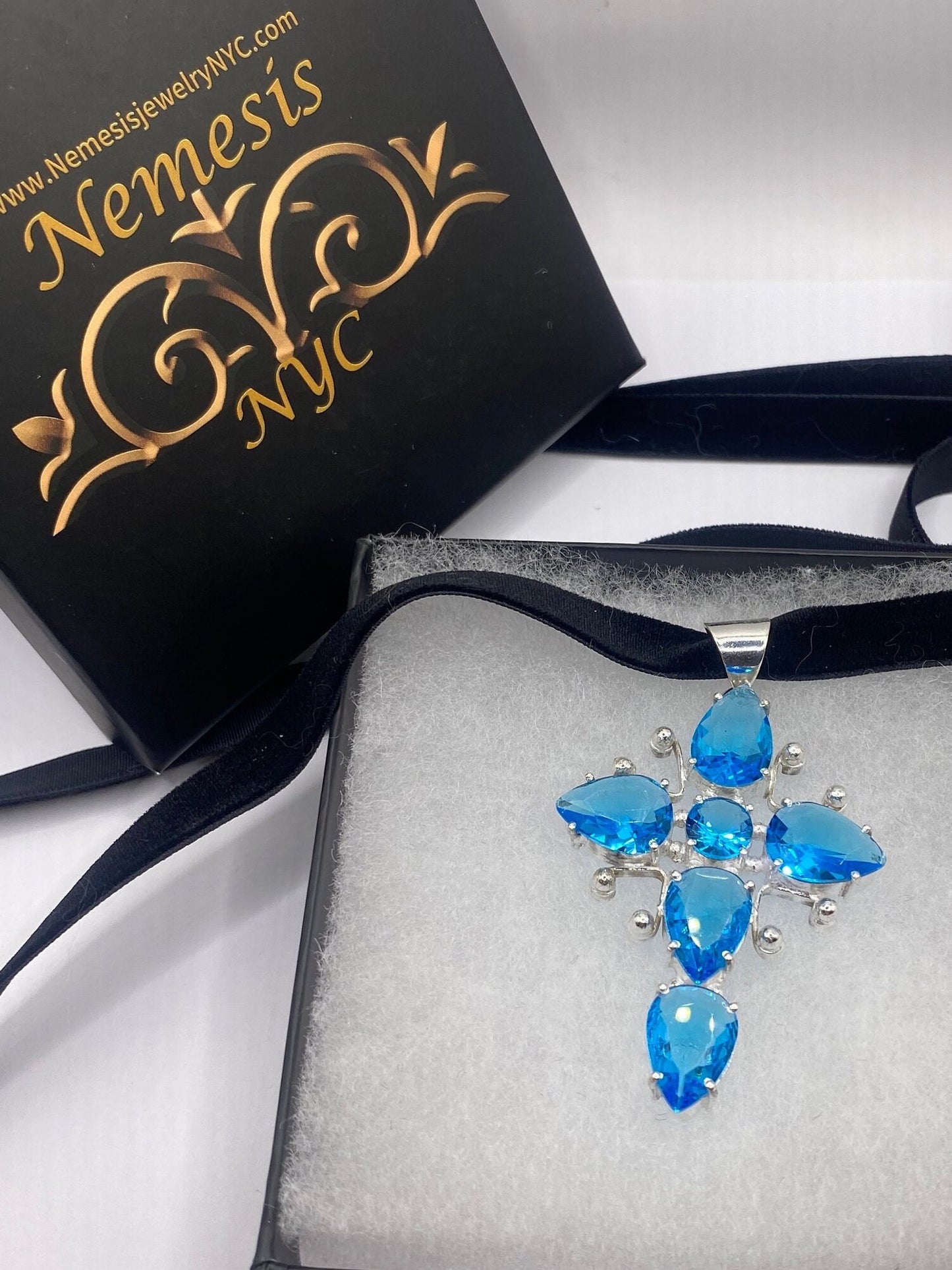 Vintage Aqua Blue Glass Cross Choker Necklace