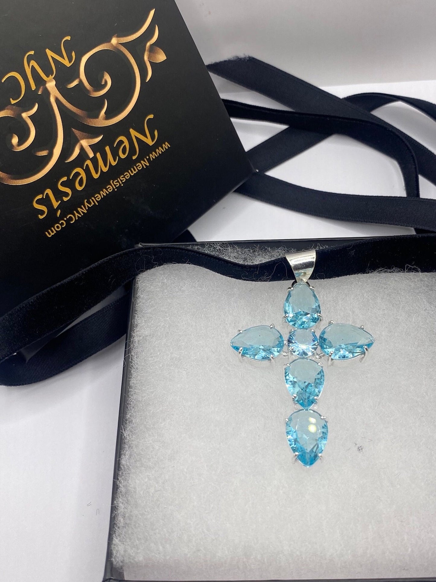 Vintage Aqua Blue Glass Cross Choker Necklace