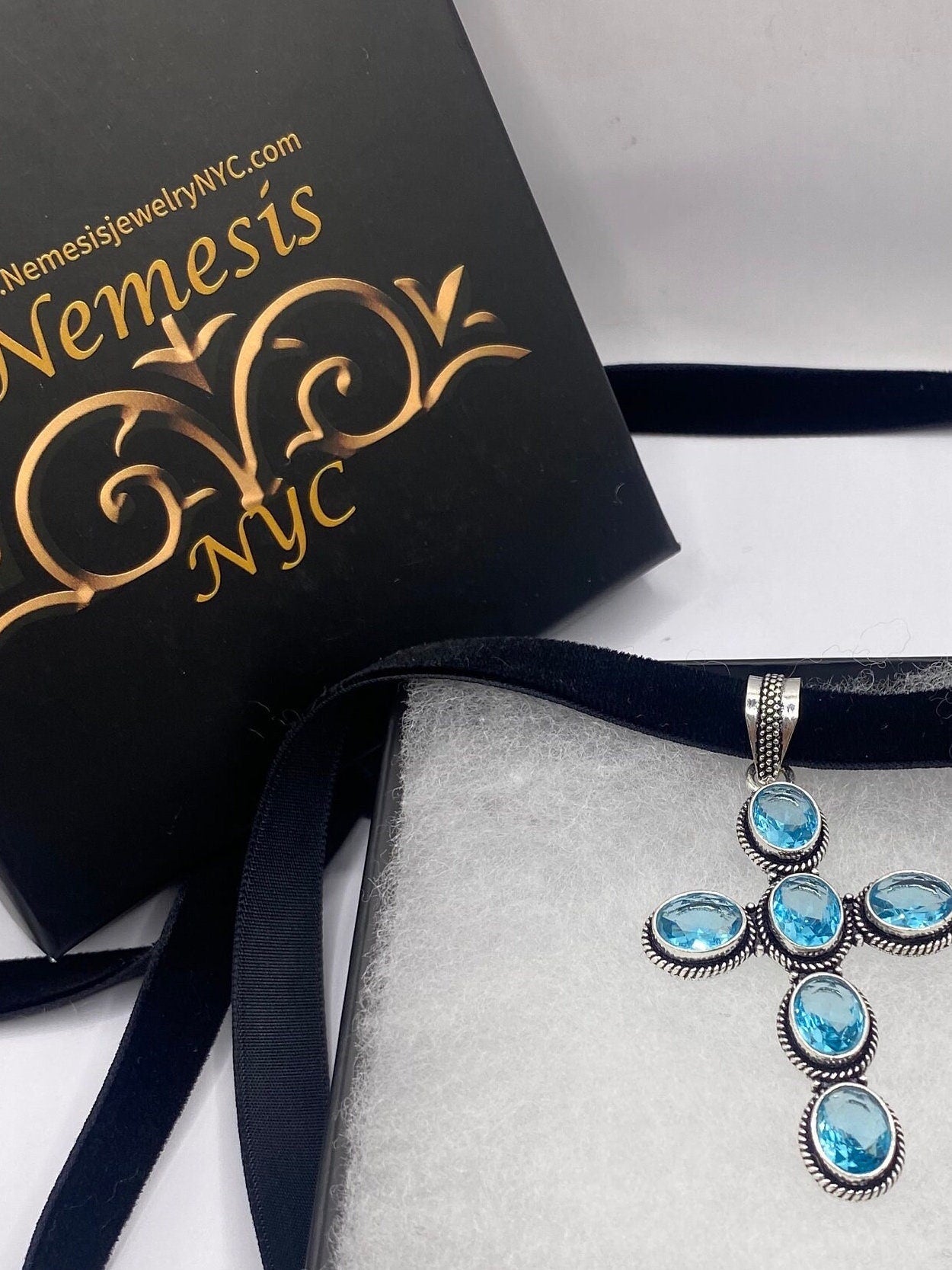 Vintage Aqua Blue Topaz Cross Choker Necklace