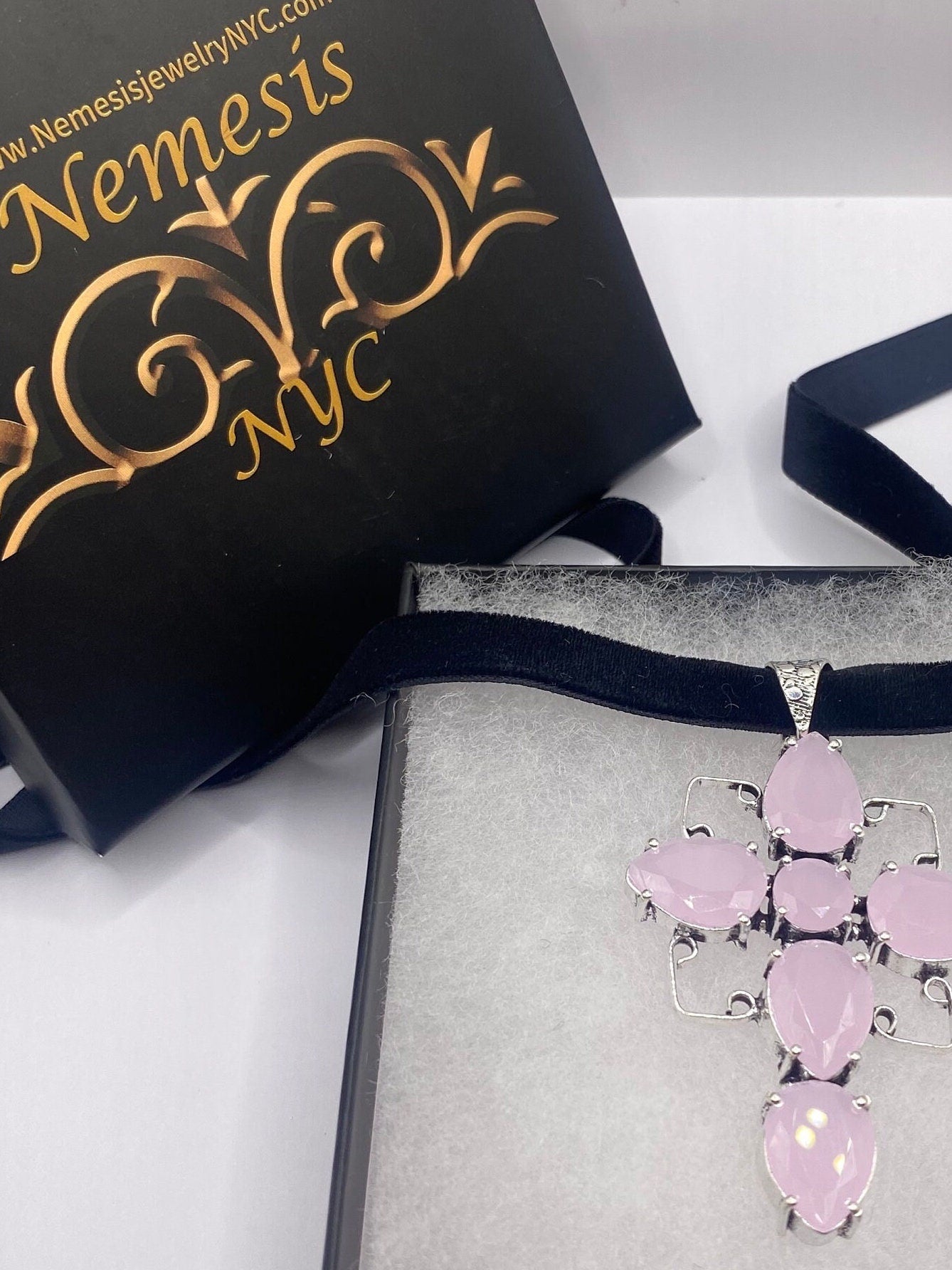 Vintage Handmade Silver Finish Rose Quartz Cross Choker Pendant