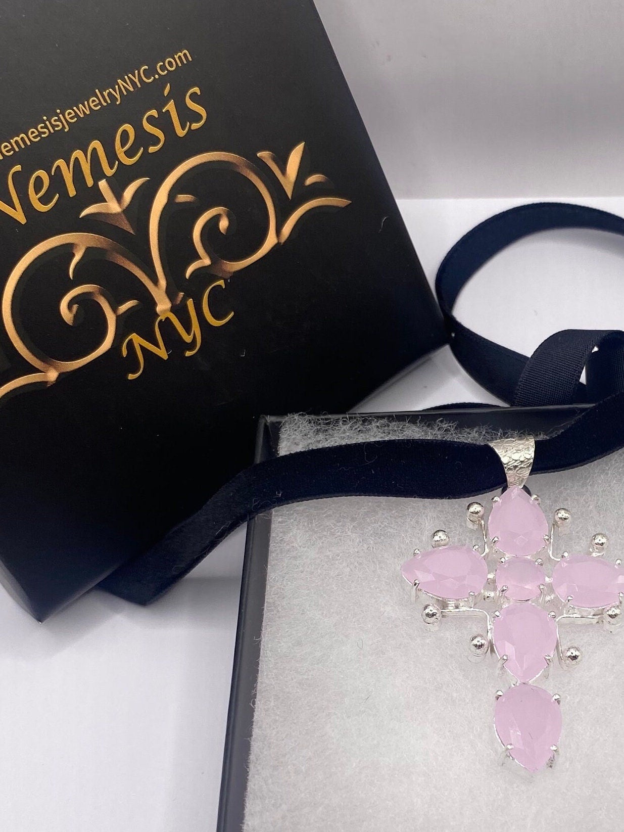 Vintage Handmade Silver Finish Rose Quartz Cross Choker Pendant