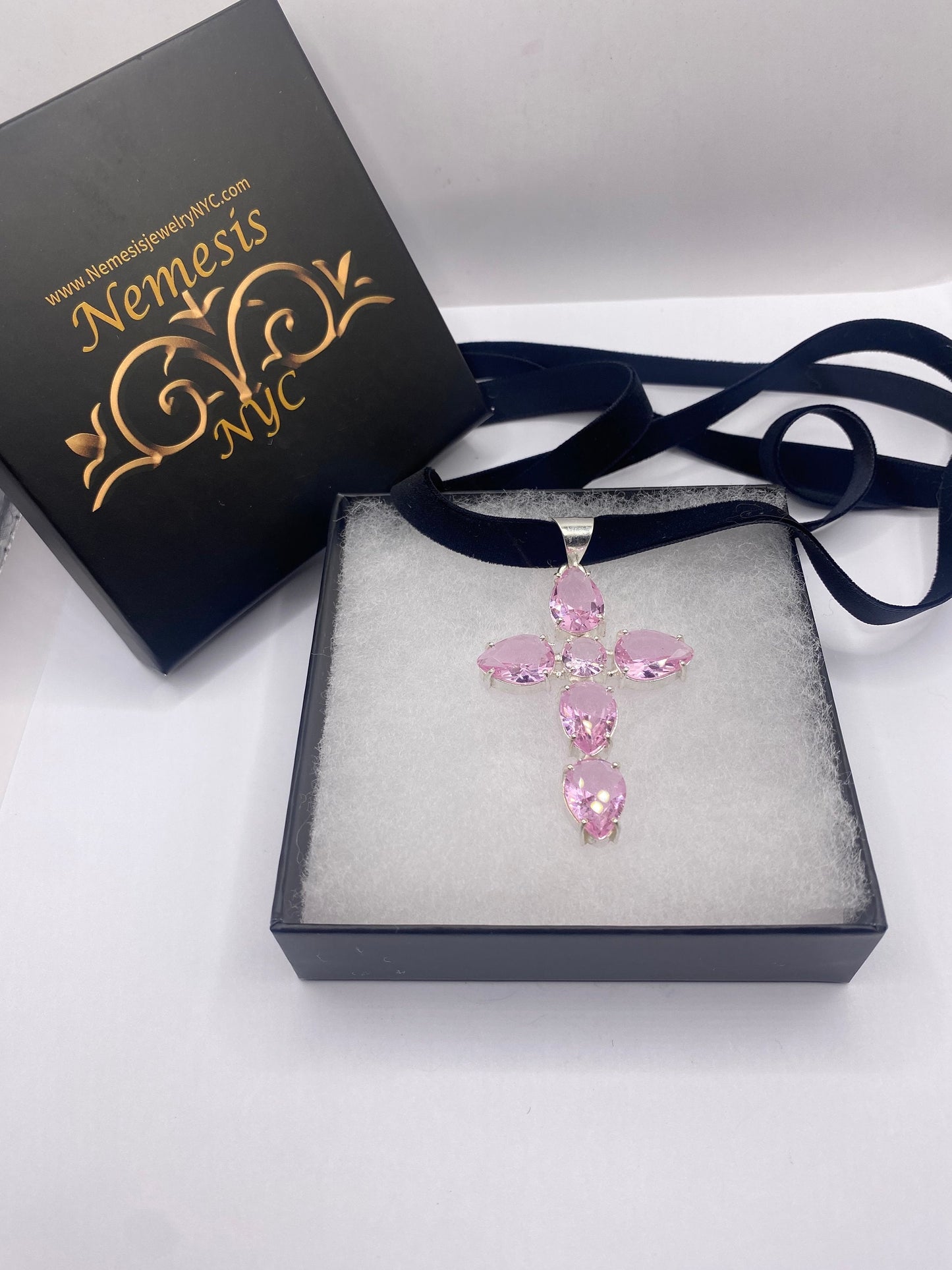 Vintage Handmade Silver Finish Rose Quartz Cross Choker Pendant